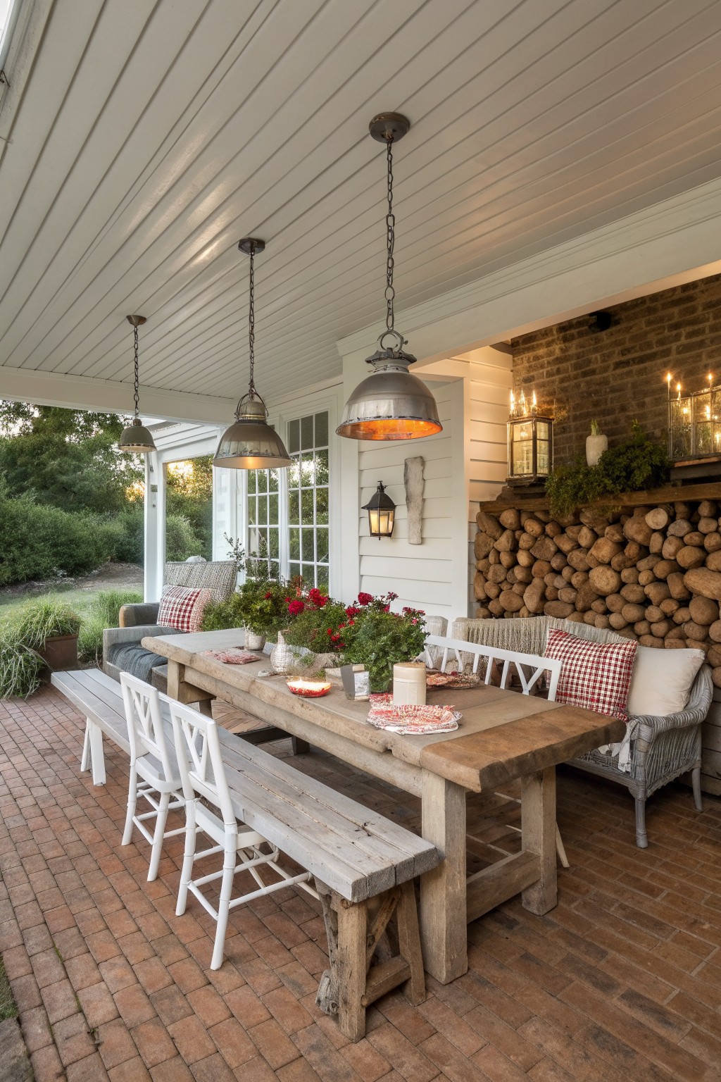 A covered porch features a long wooden dining table with white chairs and benches, hanging metal pendant lights, and a brick fireplace area with stacked logs.