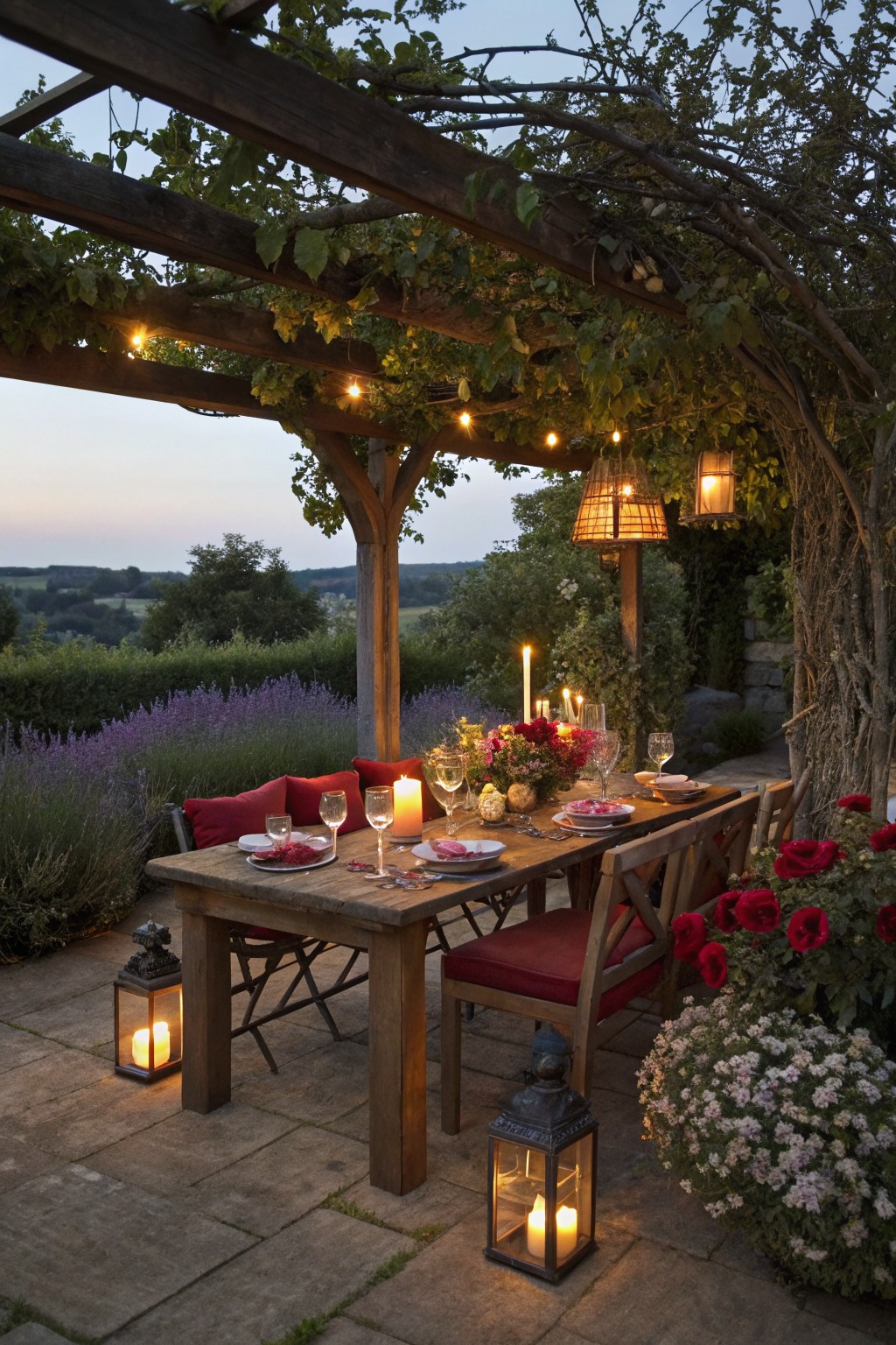 A wooden dining table set for a meal under a vine-covered pergola with string lights, lanterns, and red cushions on the benches at dusk.