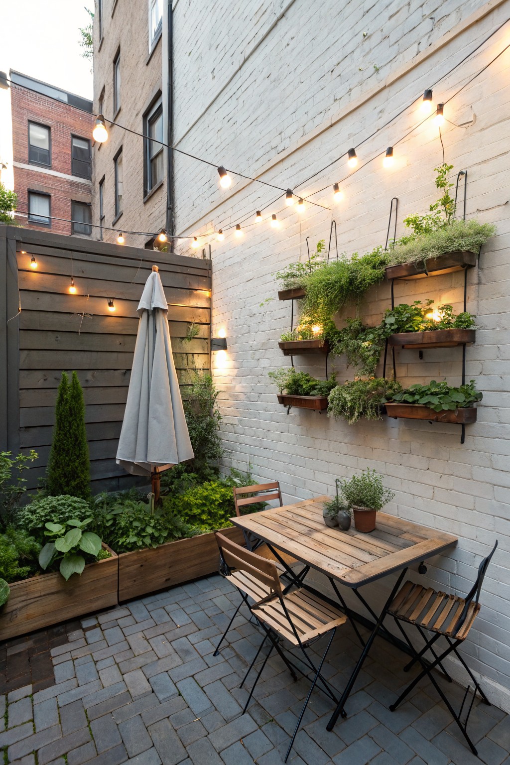 Outdoor patio with wooden dining table and chairs, string lights overhead, and multiple wall-mounted wooden planters filled with greenery on a white brick wall.