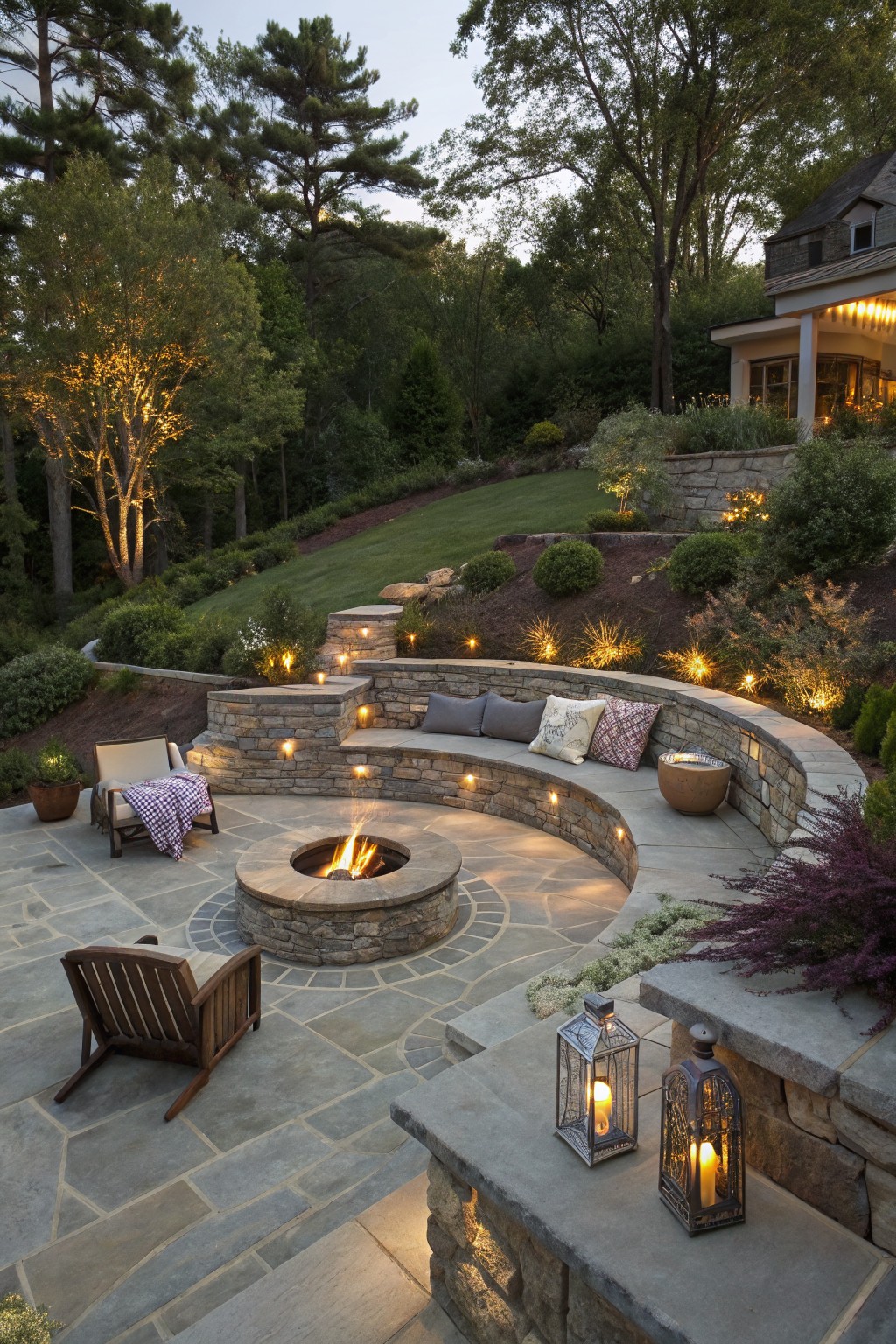 A backyard patio with a central stone fire pit, a curved built-in bench with cushions, wooden chairs, and lanterns set among trees and landscaping at dusk.