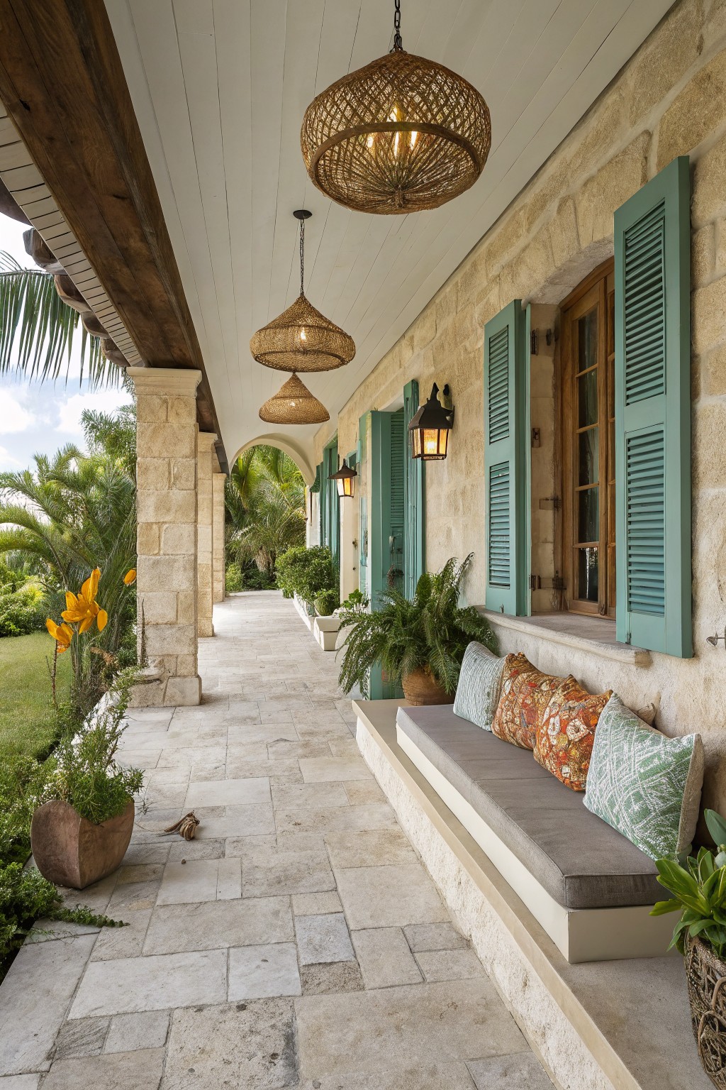 A covered stone porch features a long built-in bench with gray cushions and patterned pillows, green shutters on the windows, woven pendant lights, and potted plants along the edge.