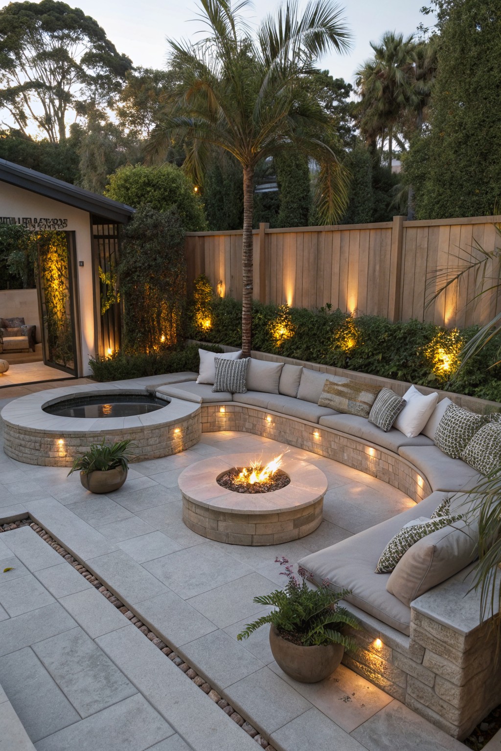 A backyard patio with curved built-in stone seating around a central fire pit, a round water feature, and tropical plants including palm trees.