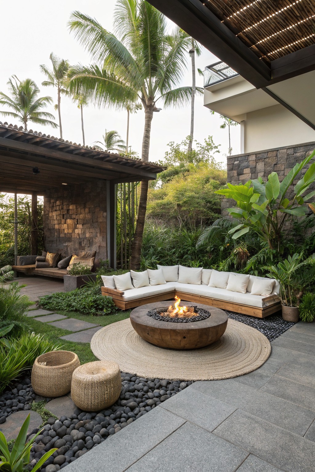 A tropical outdoor patio features a large circular stone fire pit surrounded by a curved wooden sectional sofa with white cushions, set on a woven rug amid palm trees and stone walls.