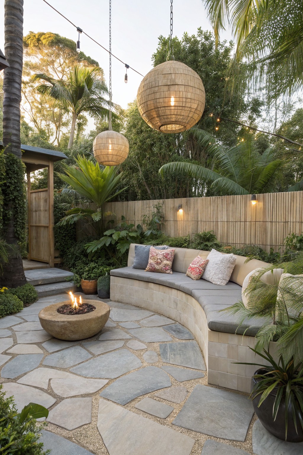 A tropical patio features a curved built-in stone bench with gray cushions, a round concrete fire pit on irregular stone paving, large woven pendant lights, and dense green plants along a wooden fence.