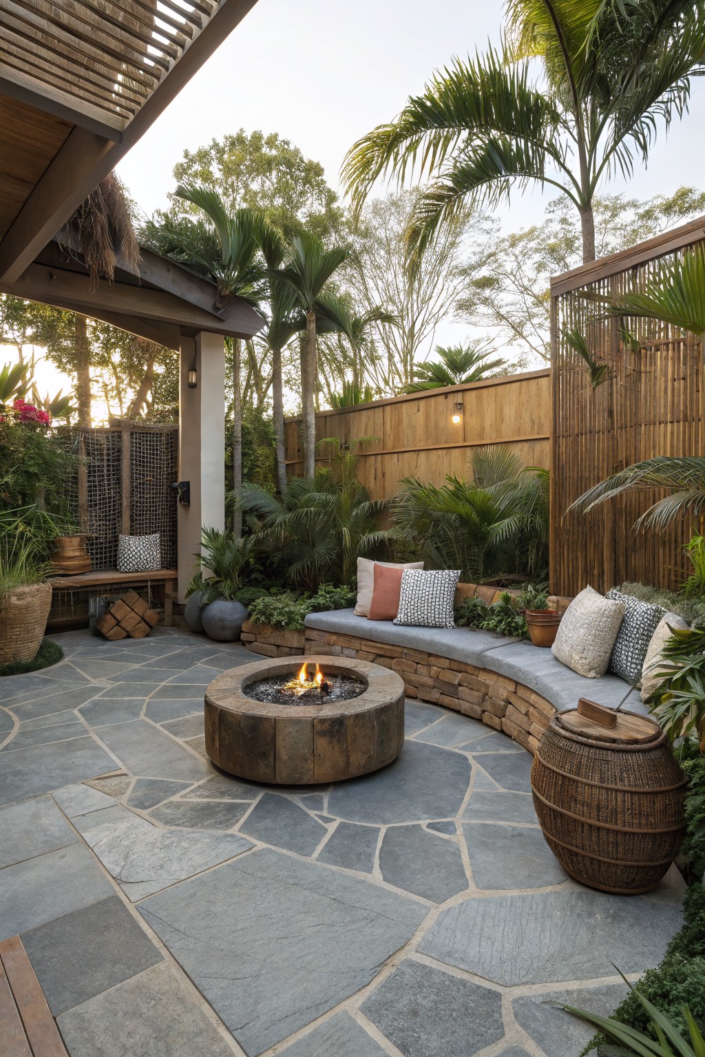 A round stone fire pit sits on a flagstone patio with a curved built-in bench holding cushions, surrounded by palm trees and tropical plants.