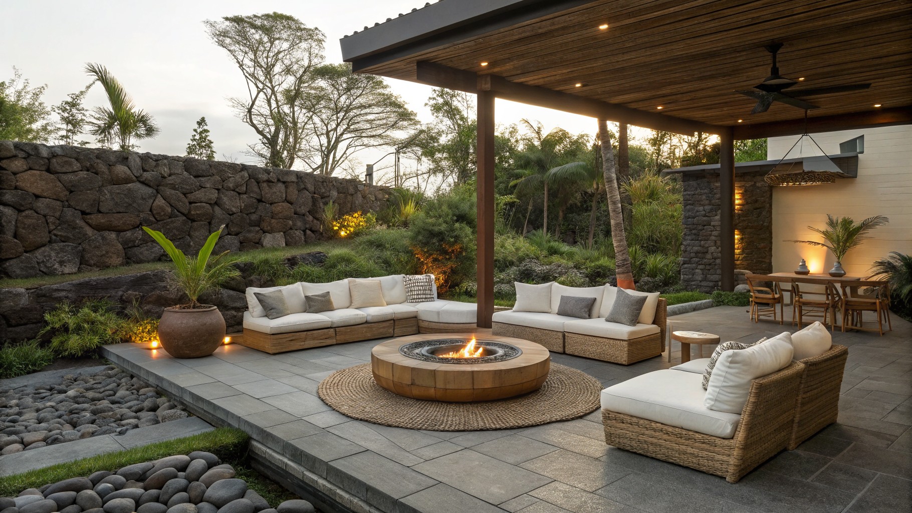 A tropical outdoor patio features a large circular stone fire pit surrounded by a curved wooden sectional sofa with white cushions, set on a woven rug amid palm trees and stone walls.