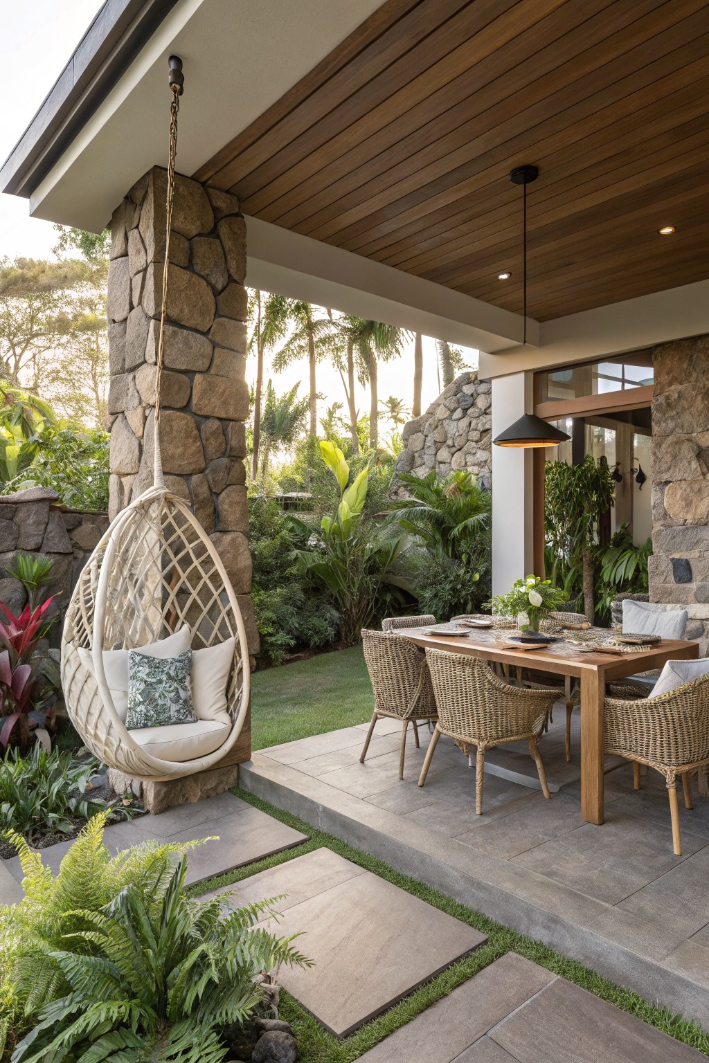 Covered outdoor patio with stone pillars, wood ceiling, hanging wicker chair, dining table with wicker chairs, and tropical garden surroundings.