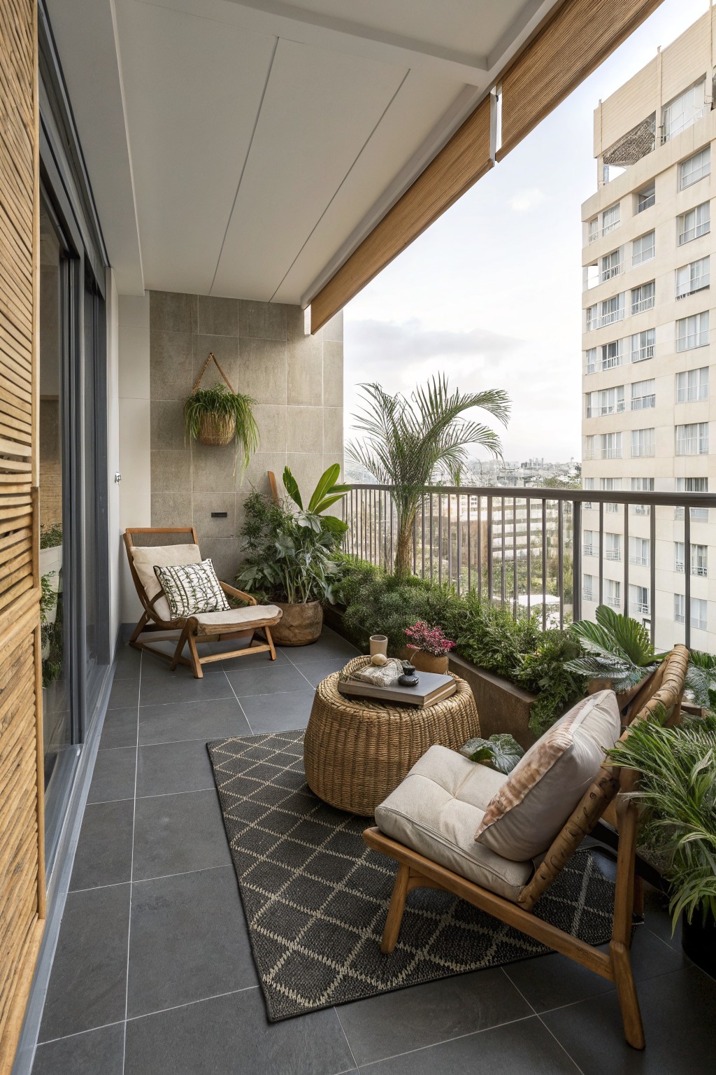 A modern balcony with two wooden lounge chairs on a patterned rug, a woven ottoman, numerous potted plants, and a city view beyond the railing.