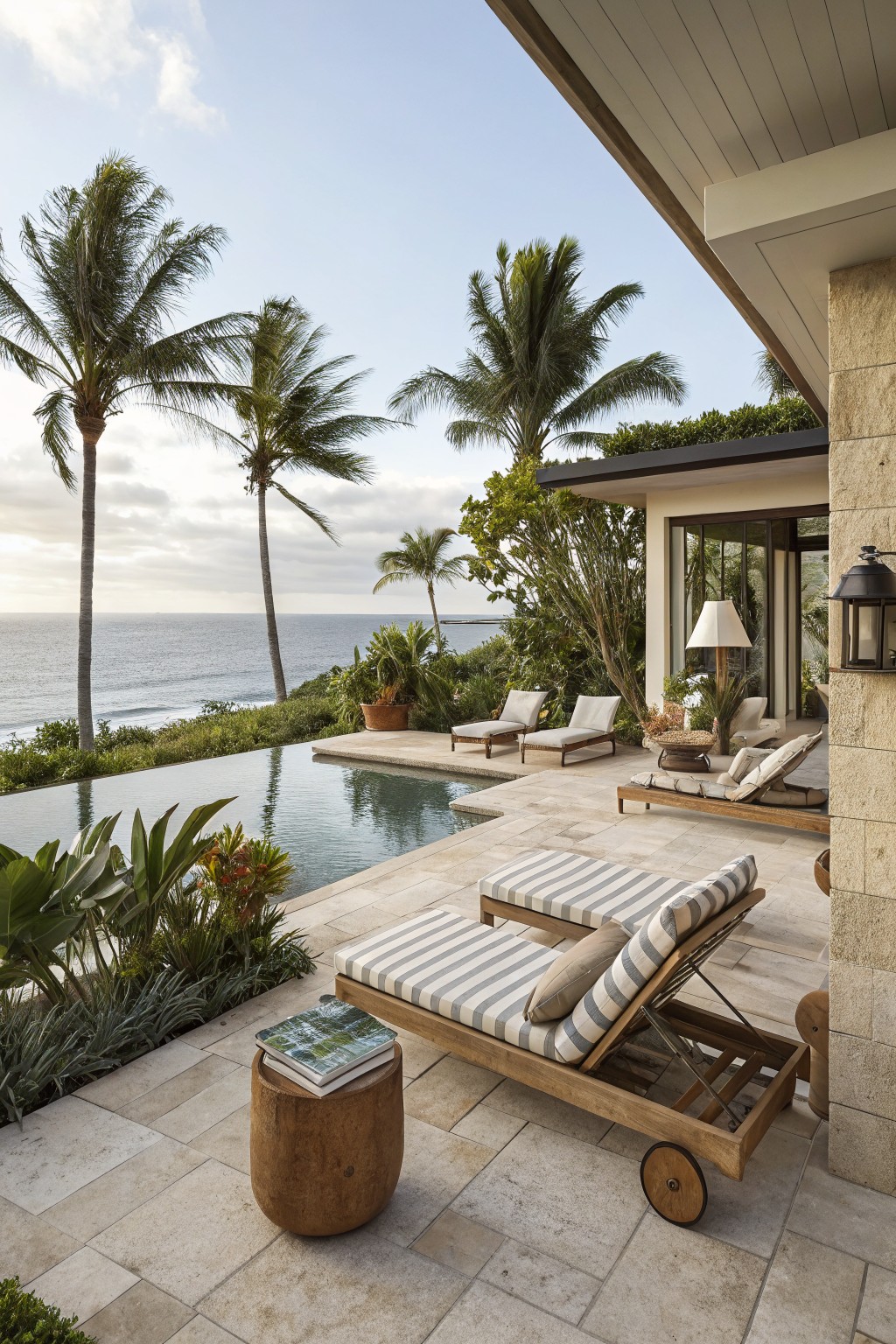 A stone patio with multiple wooden lounge chairs set beside an infinity pool, surrounded by palm trees and overlooking the ocean.