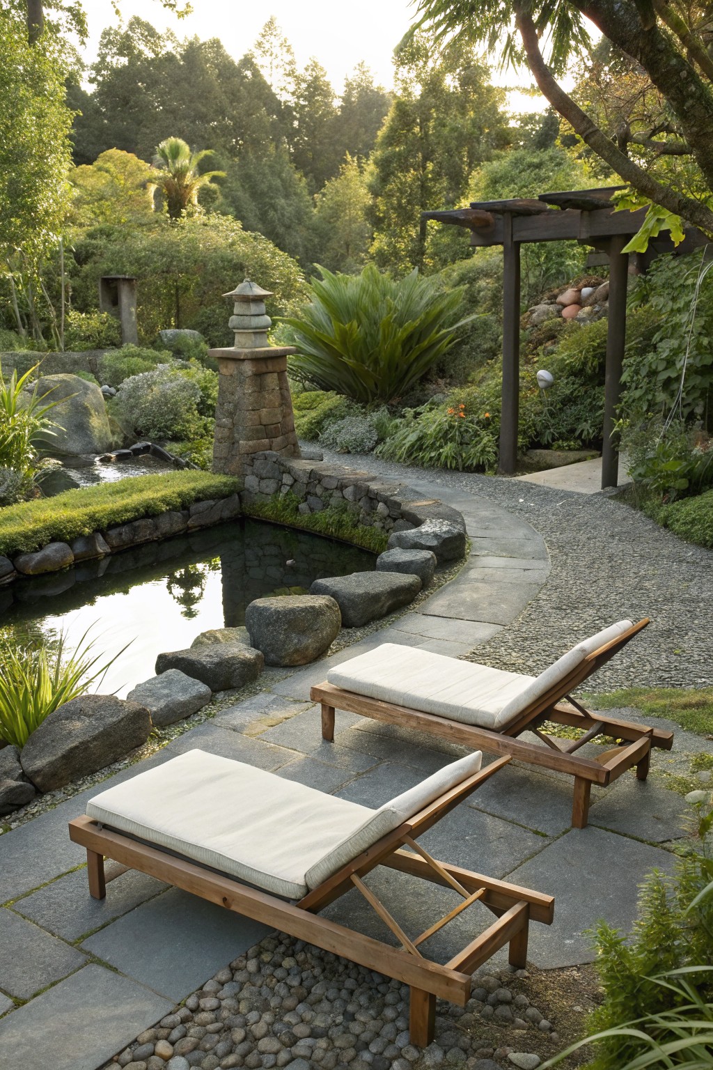 Two wooden lounge chairs with light cushions sit on a stone patio beside a small pond edged with rocks and plants in a garden setting.