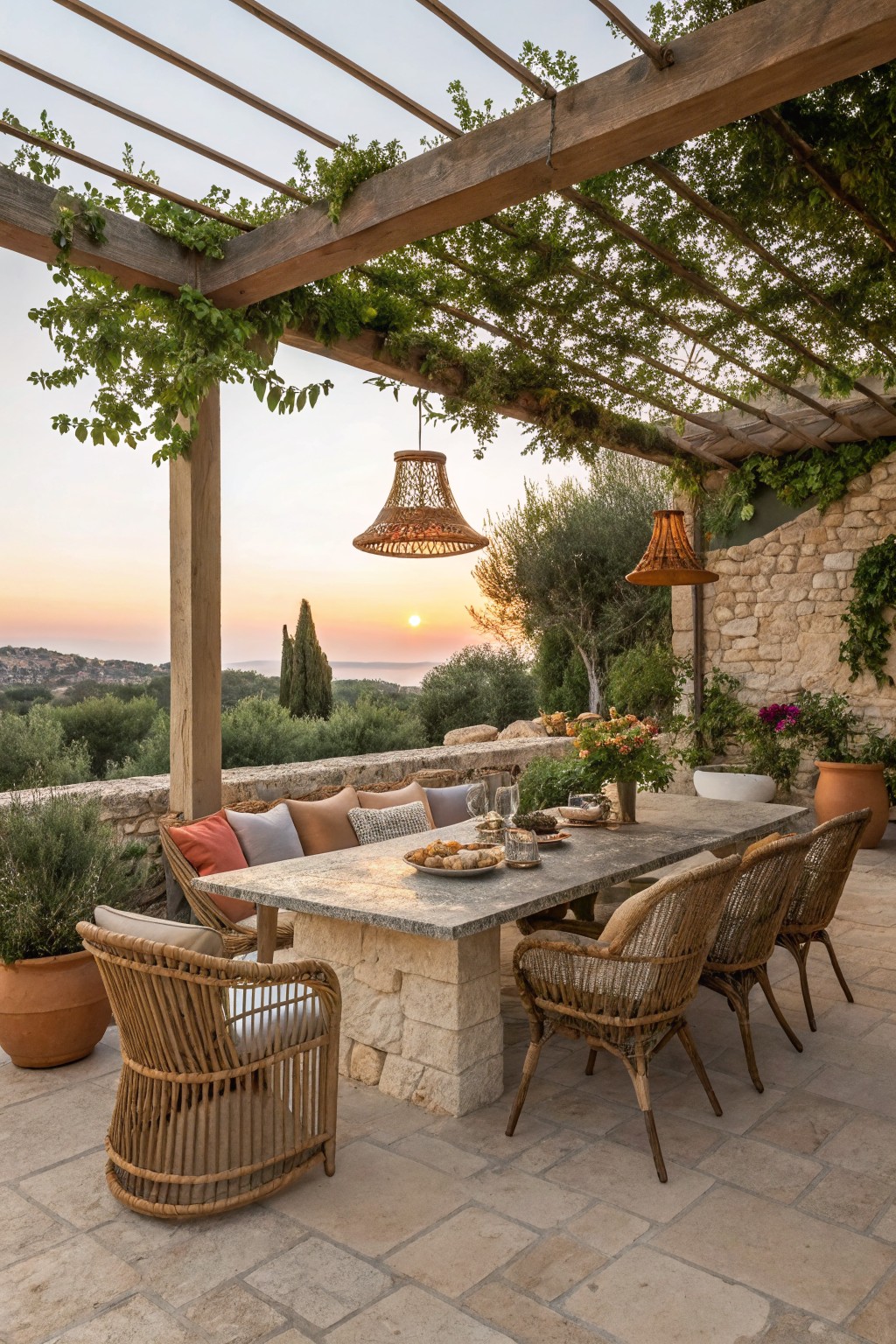 An outdoor stone dining table with woven chairs sits under a wooden pergola with hanging lights and climbing vines on a patio overlooking hills at sunset.