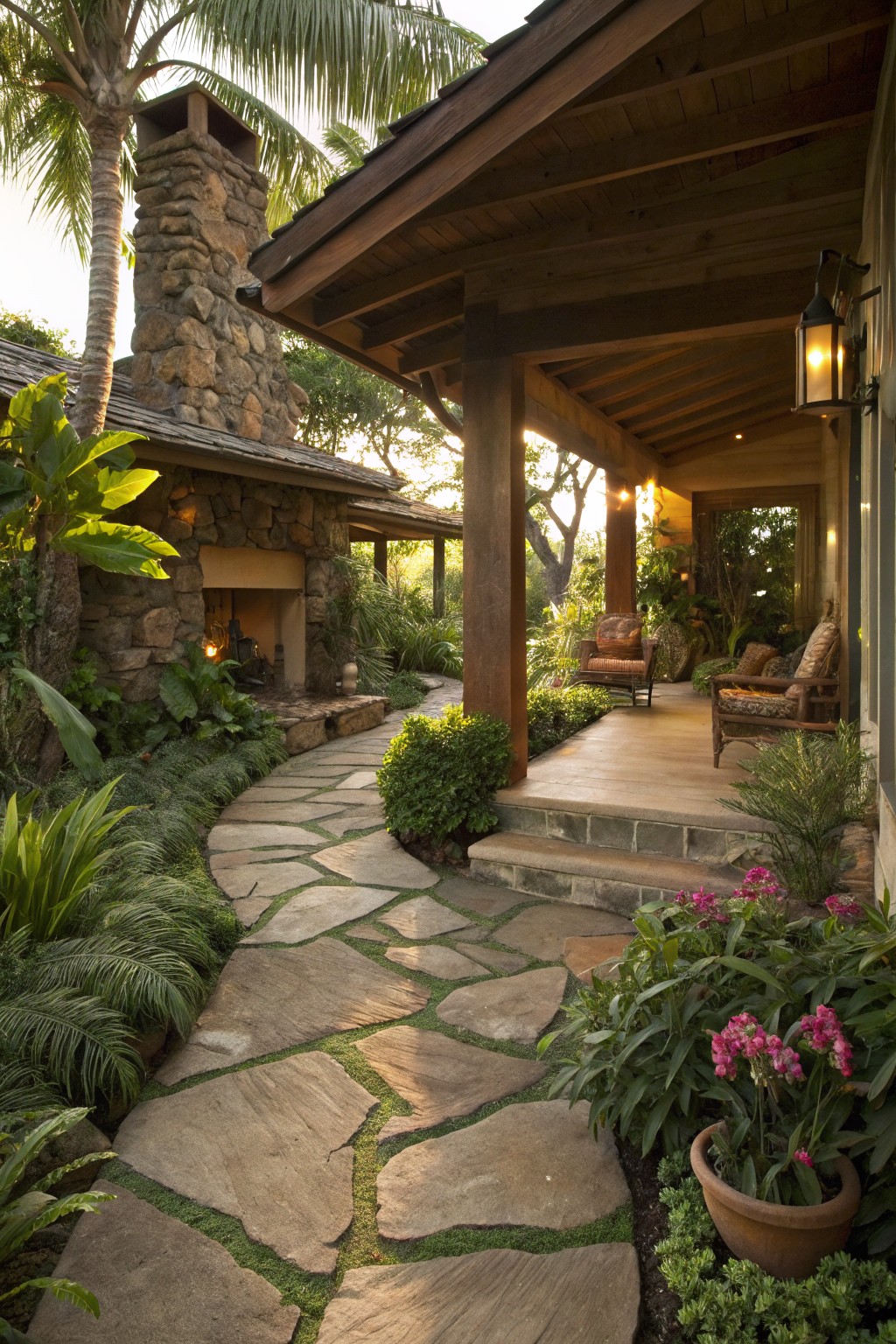 A covered wooden porch with lounge chairs is reached by a curving stone pathway lined with tropical plants and a stone chimney on the house exterior.