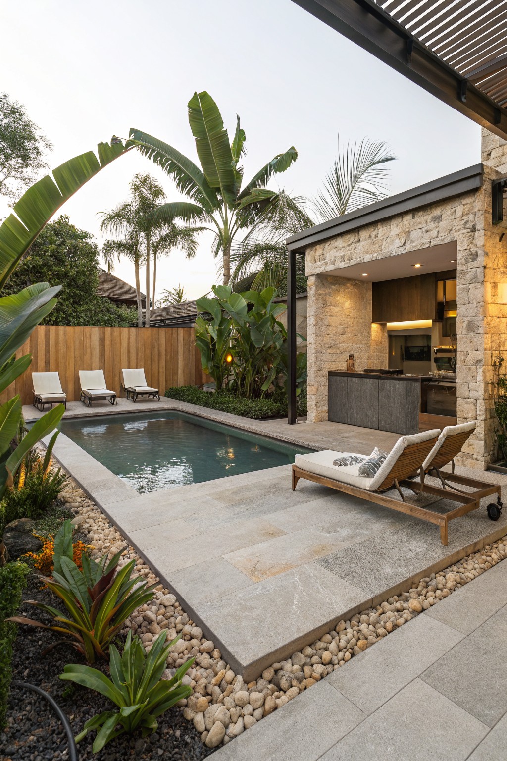 A rectangular pool bordered by large stone pavers, with two wooden lounge chairs positioned near an outdoor kitchen with stone walls and tropical plants in the background.