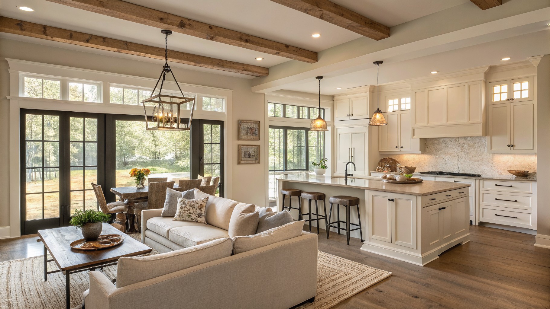A farmhouse kitchen with light greige walls, white cabinets, and a window seat.