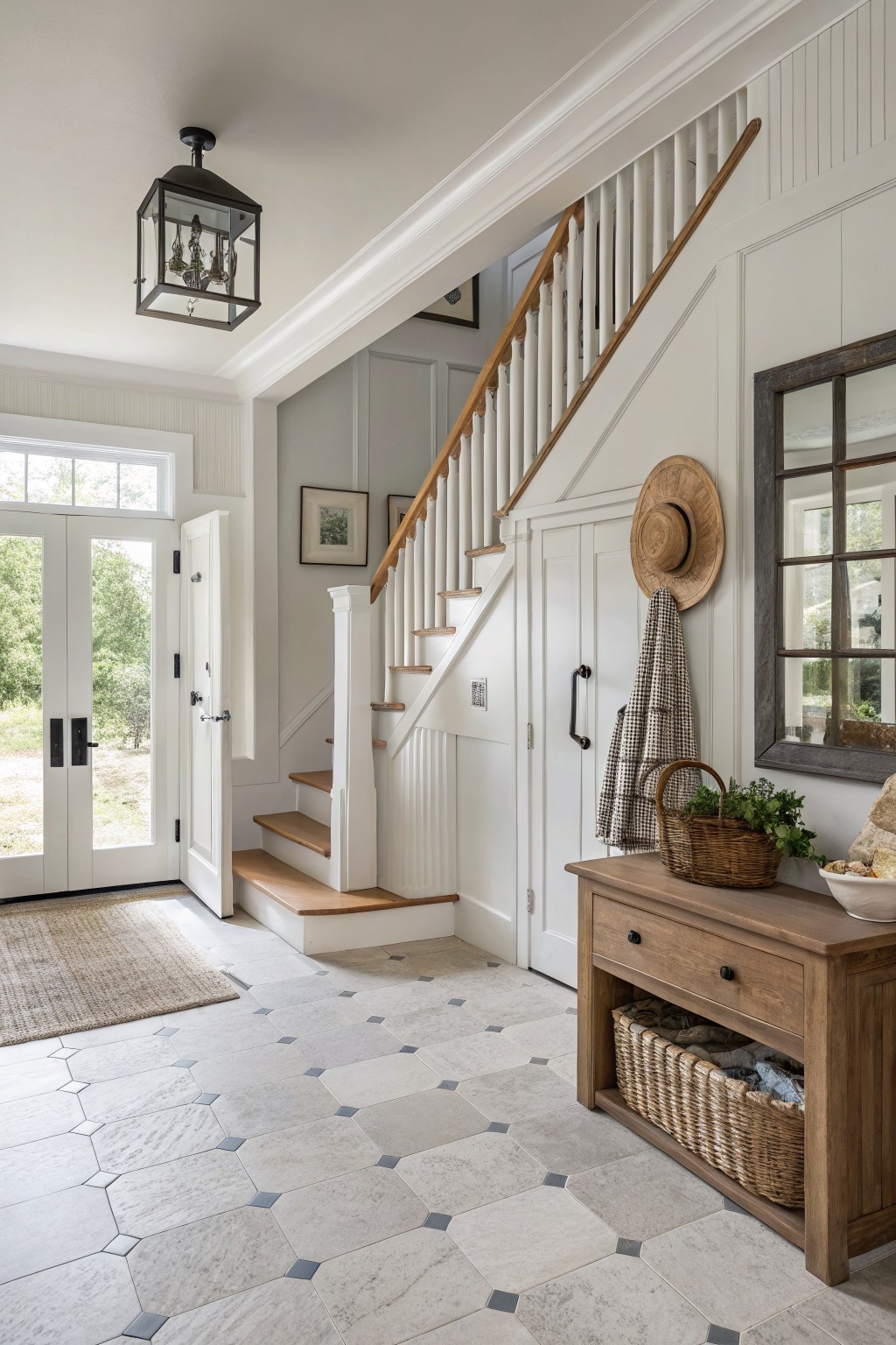 Light gray walls in a farmhouse entry with wood stairs and white trim.