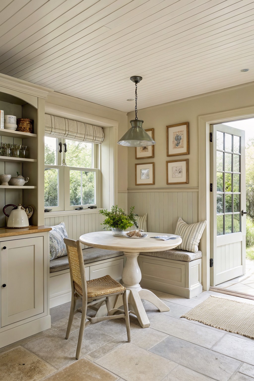 A light greige paint covers the walls, wainscoting, and built-in cabinetry in this farmhouse interior.