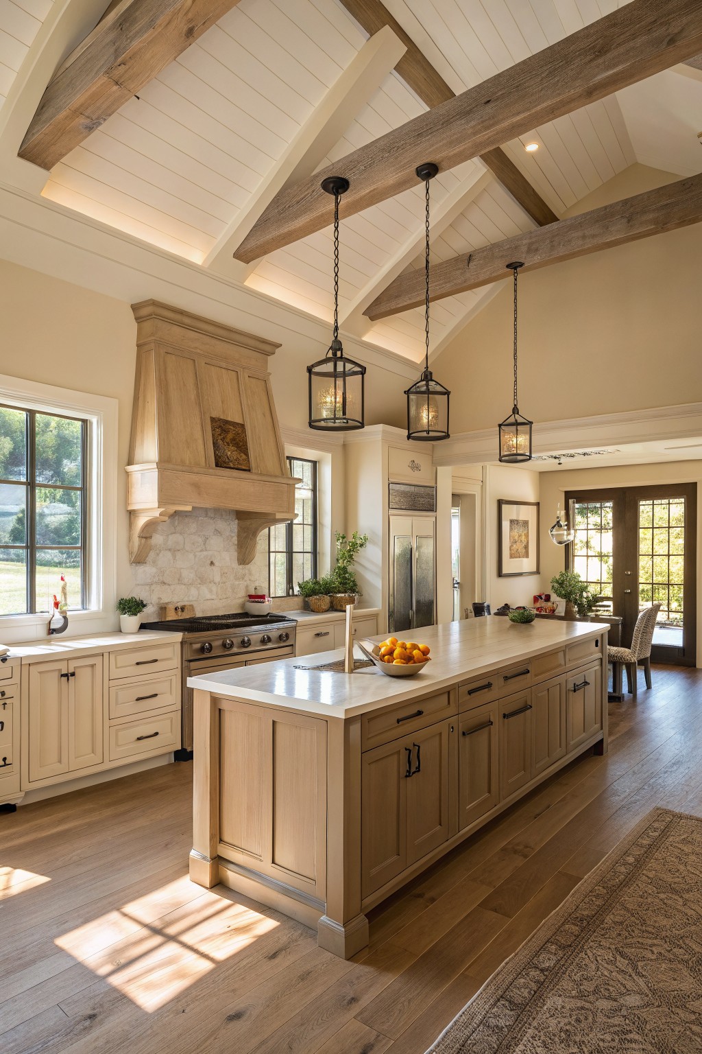 Light greige walls in a farmhouse kitchen with wood beams overhead.
