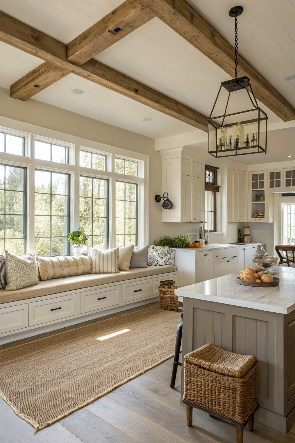 A farmhouse kitchen with light greige walls, white cabinets, and a window seat.