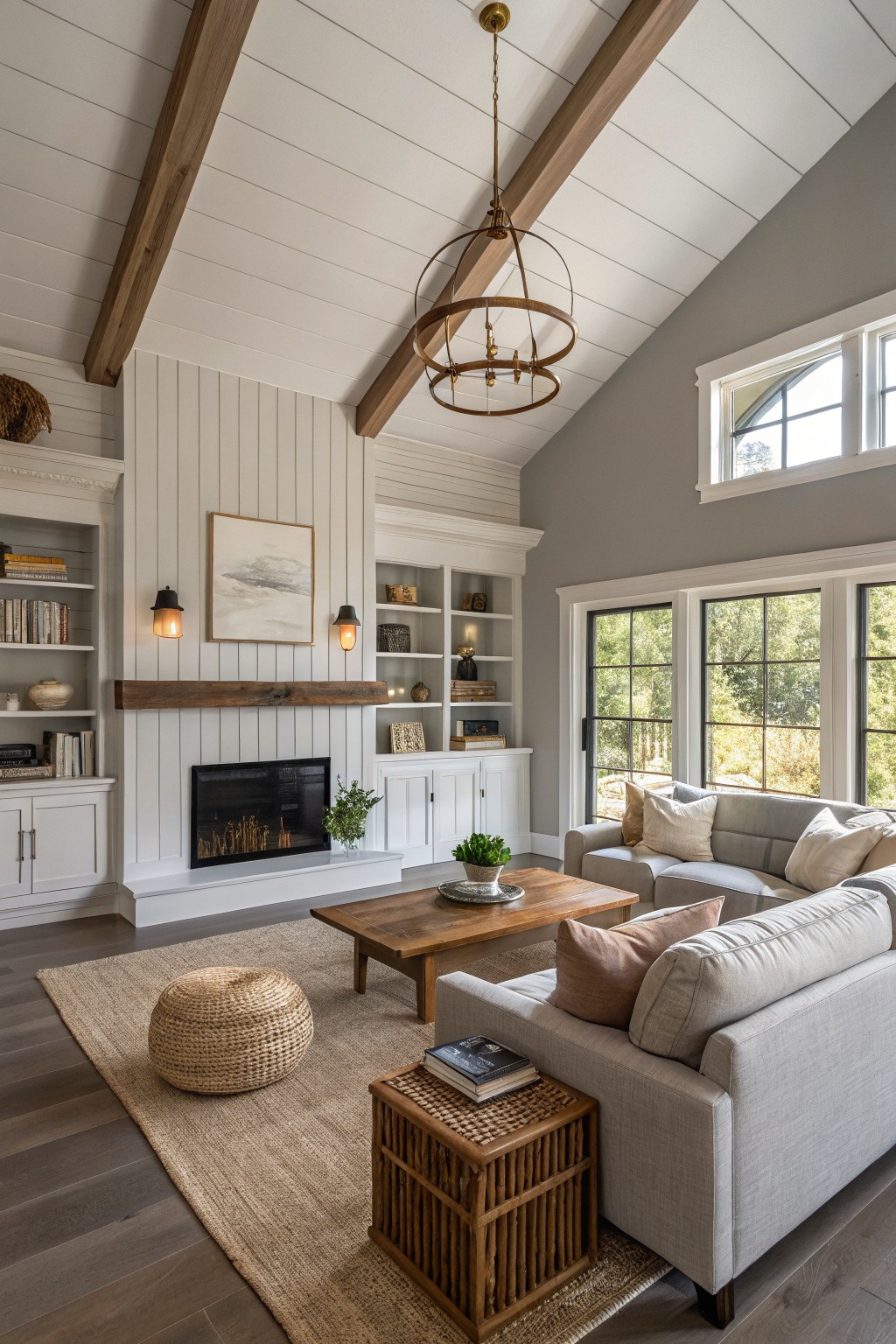 Spacious living room with fireplace, gray sofas, wooden coffee table, and vaulted ceiling.