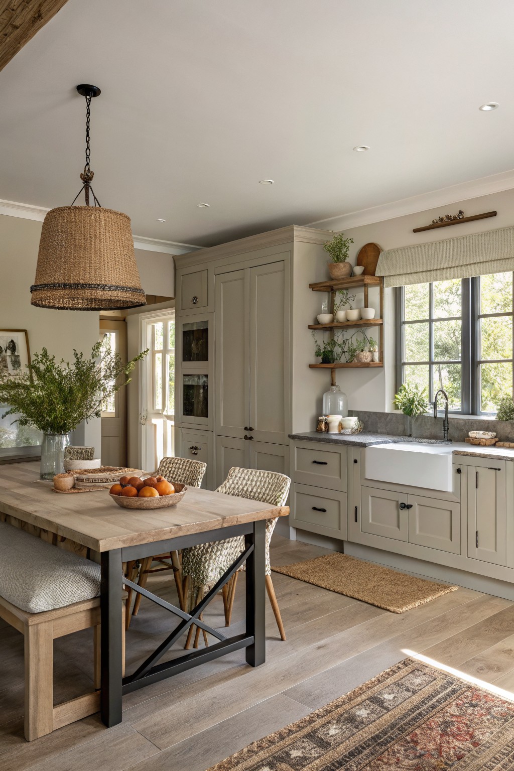 Kitchen with soft greige cabinets and a wooden dining table nearby.