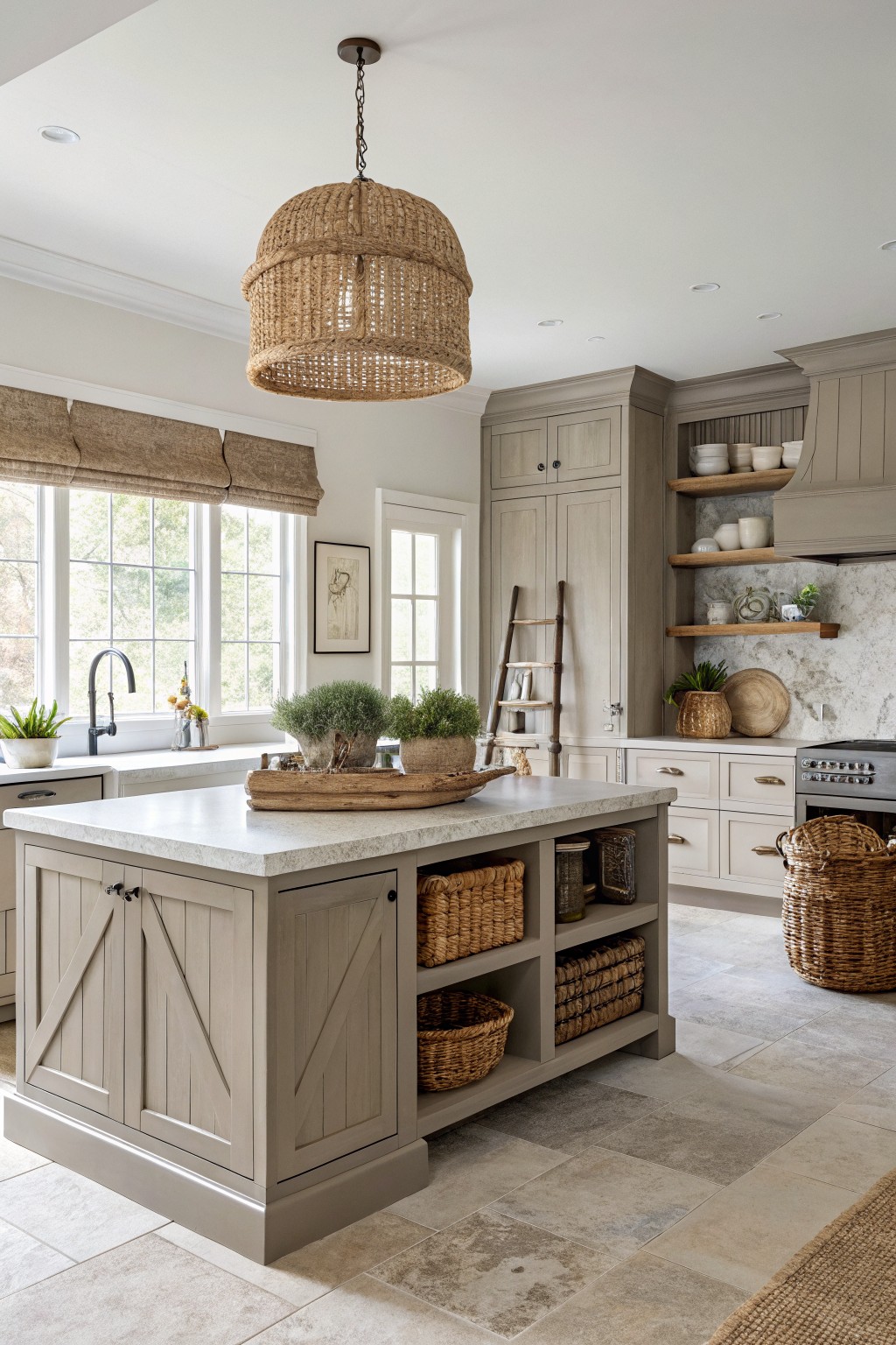 Gray kitchen island with marble top under large woven pendant light