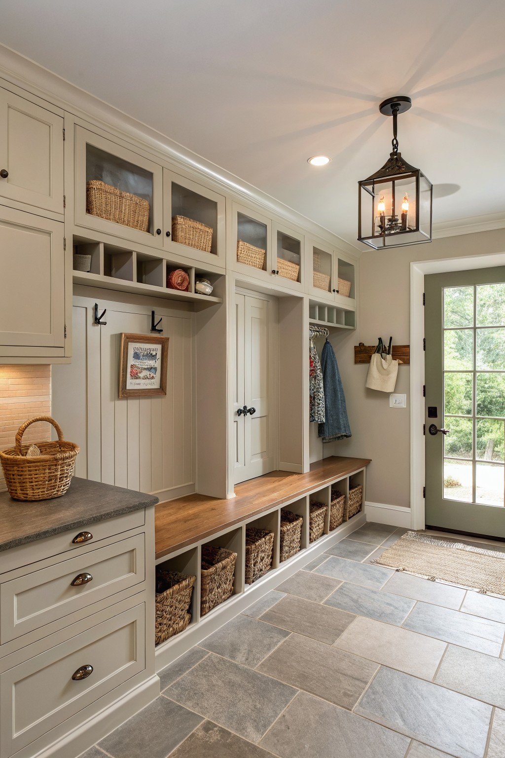 Organized mudroom with built-in cabinets, wooden bench, wicker baskets, and lantern light