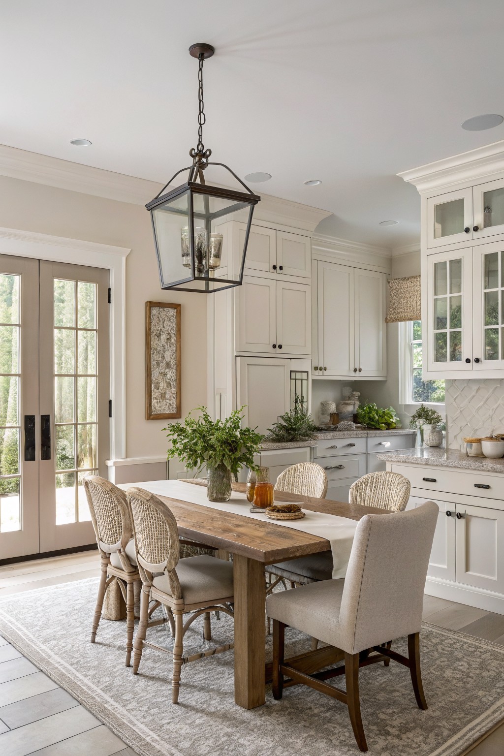 A light greige wall color in a farmhouse kitchen with white cabinets and a wood dining table.
