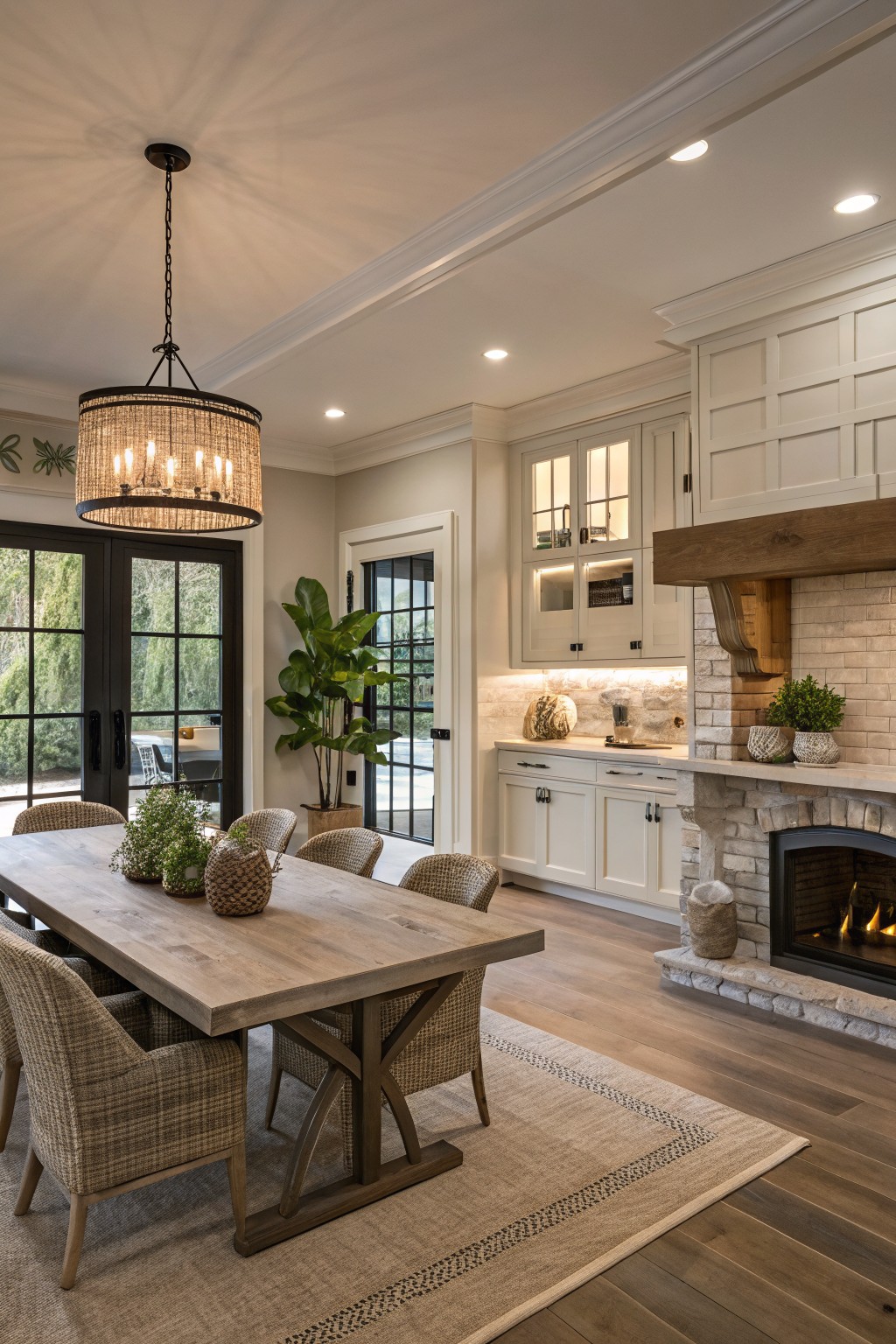 Light greige walls in an open farmhouse kitchen and dining area with white cabinets and wood flooring.