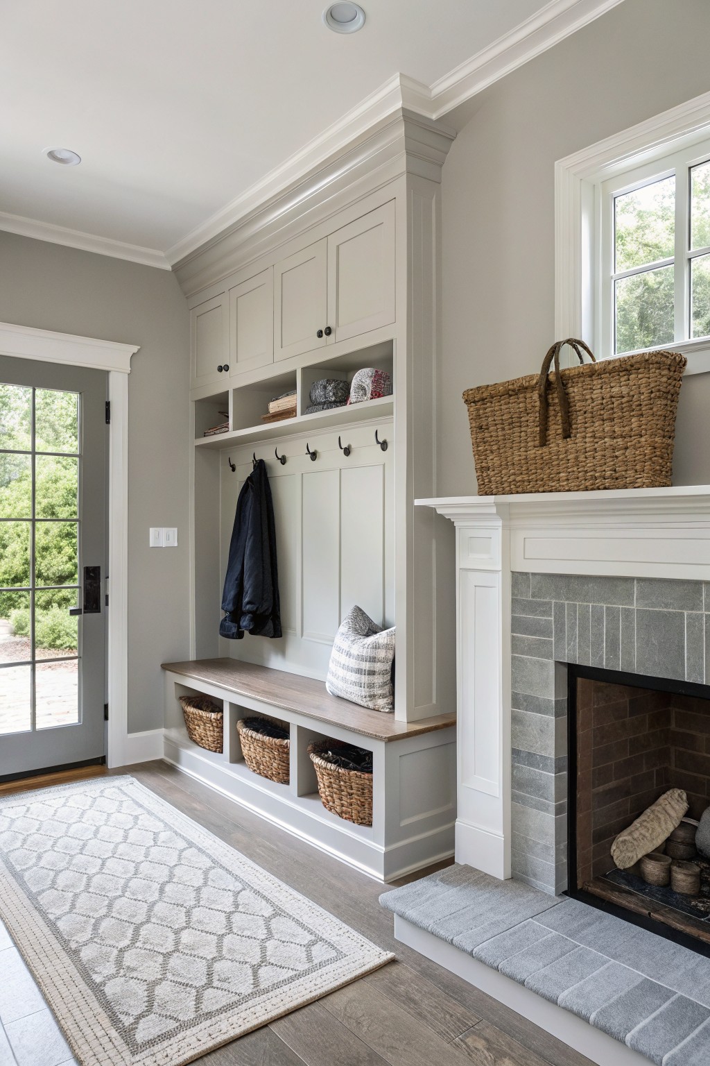 Light greige walls with white built-in cabinetry and bench in a neutral entry space.