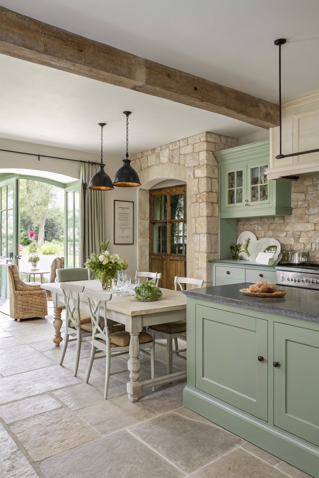 Sage green kitchen cabinets in a farmhouse interior with stone accents.