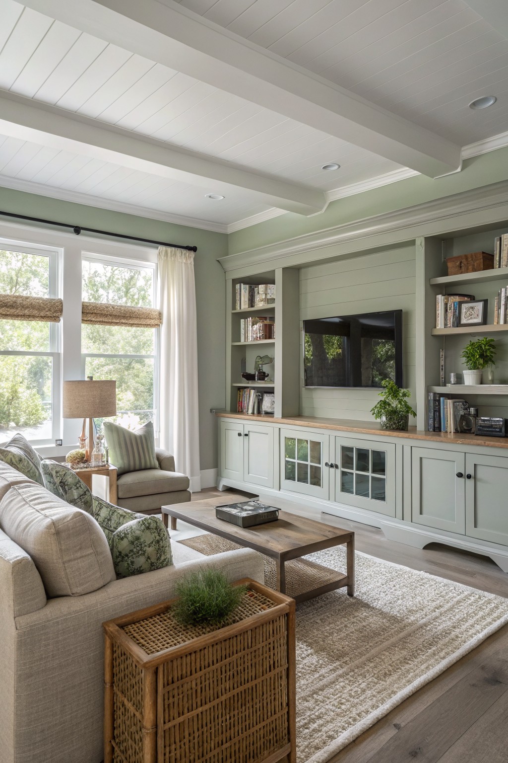 Soft sage green walls and built-in cabinetry in a living room with wood accents.