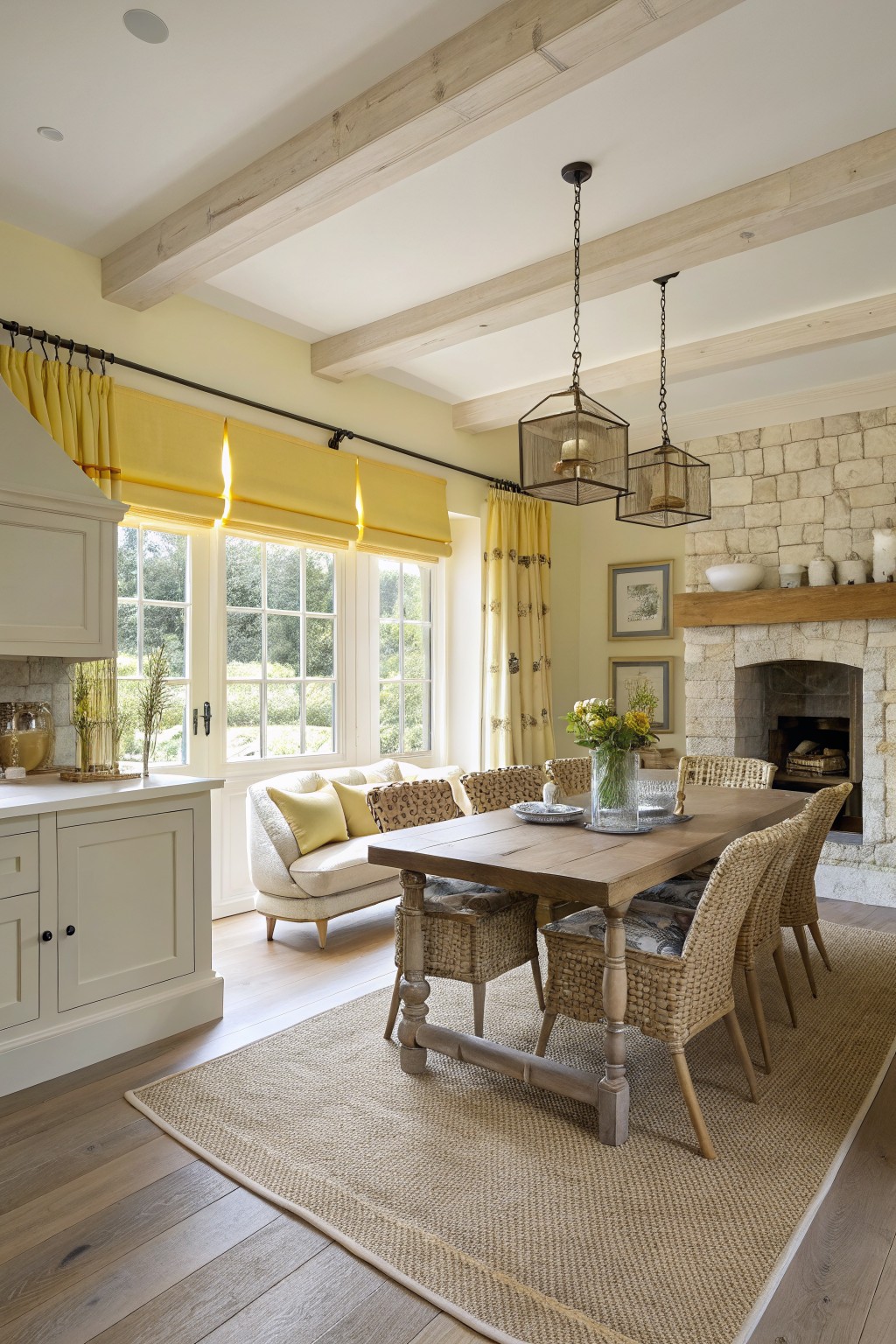 Pale yellow walls in a farmhouse kitchen and dining area with wood beams.