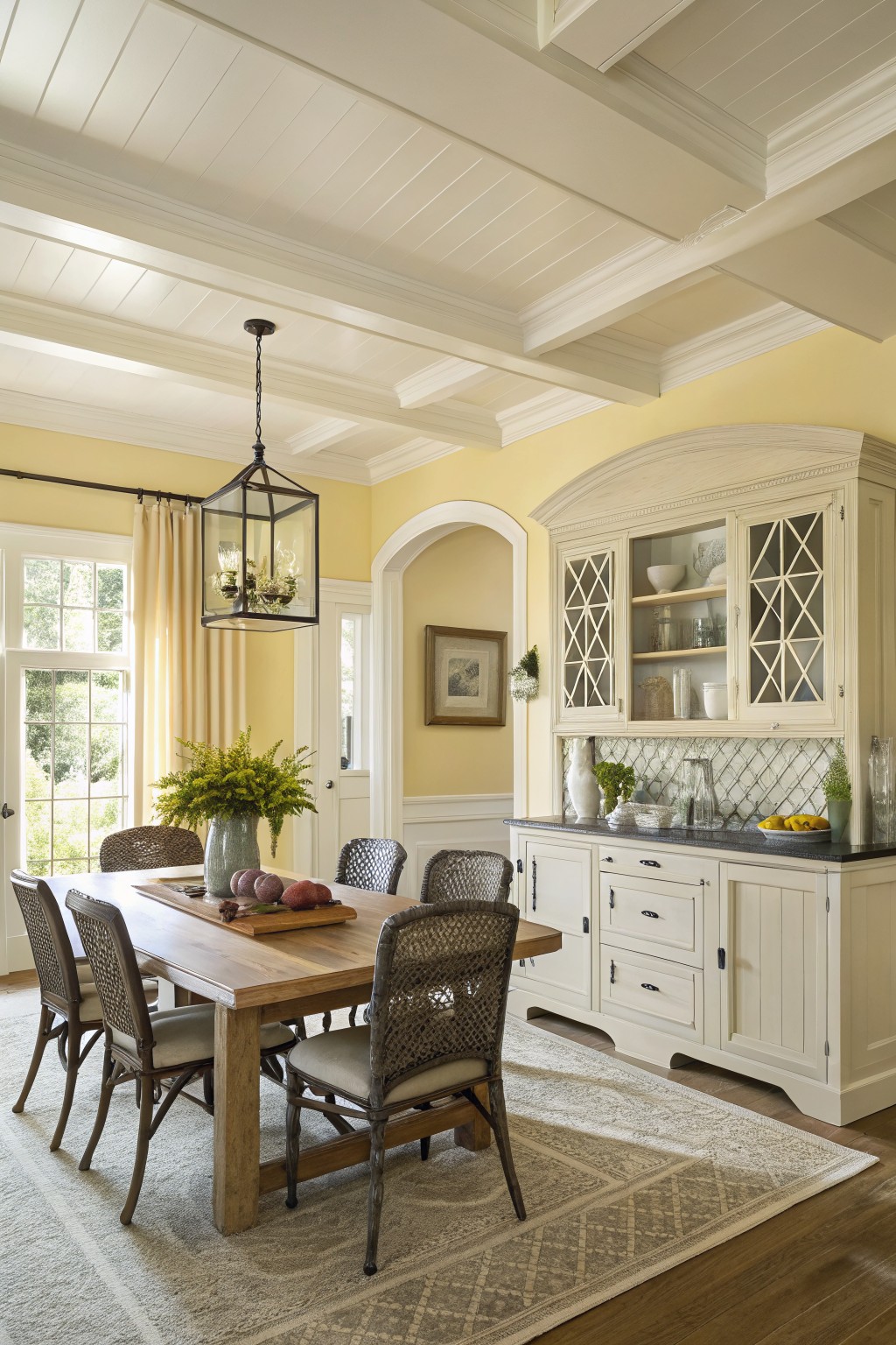 Pale yellow walls in a farmhouse dining and kitchen area with white cabinetry.