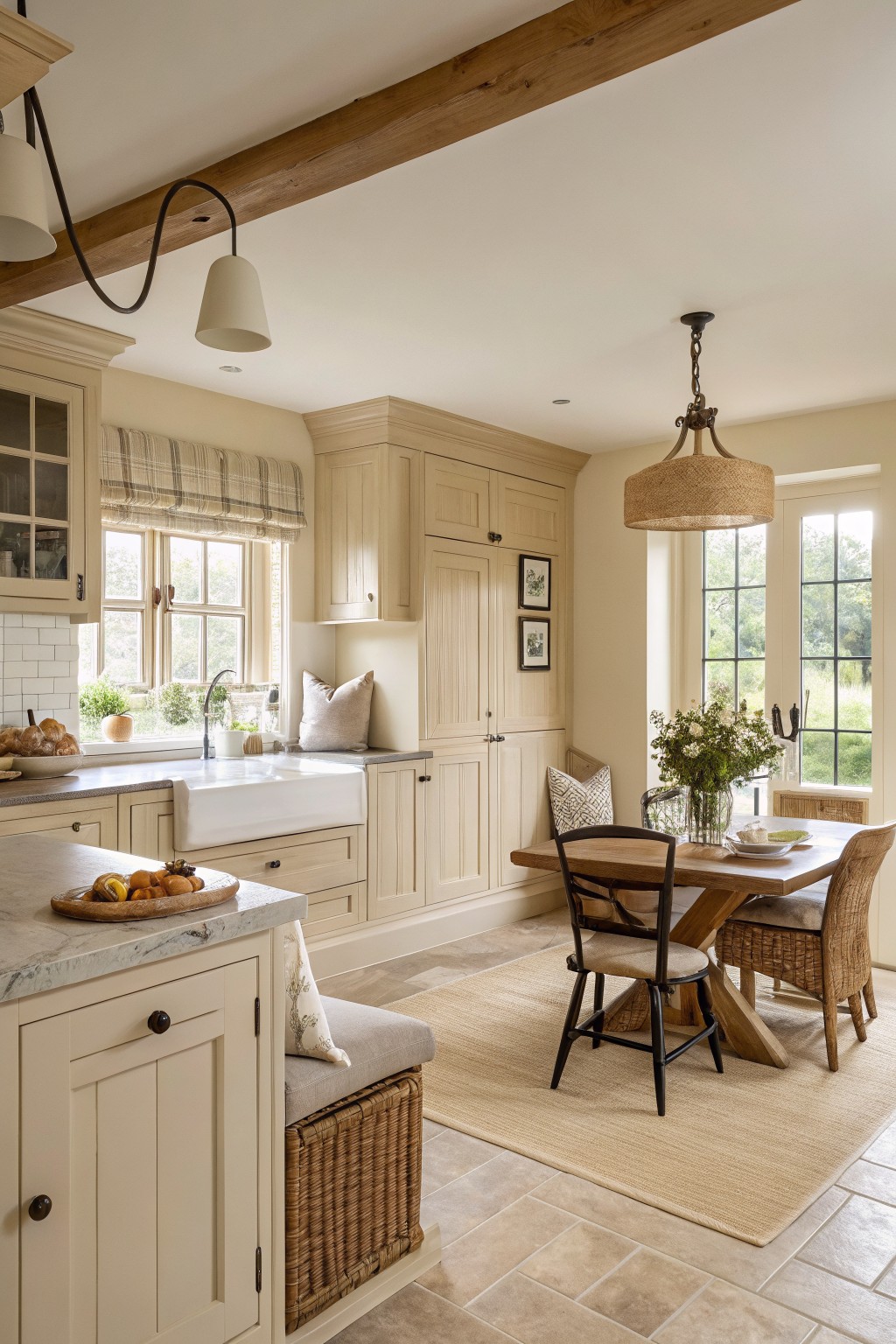 Warm beige cabinets in a light-filled farmhouse kitchen with wood beams overhead.