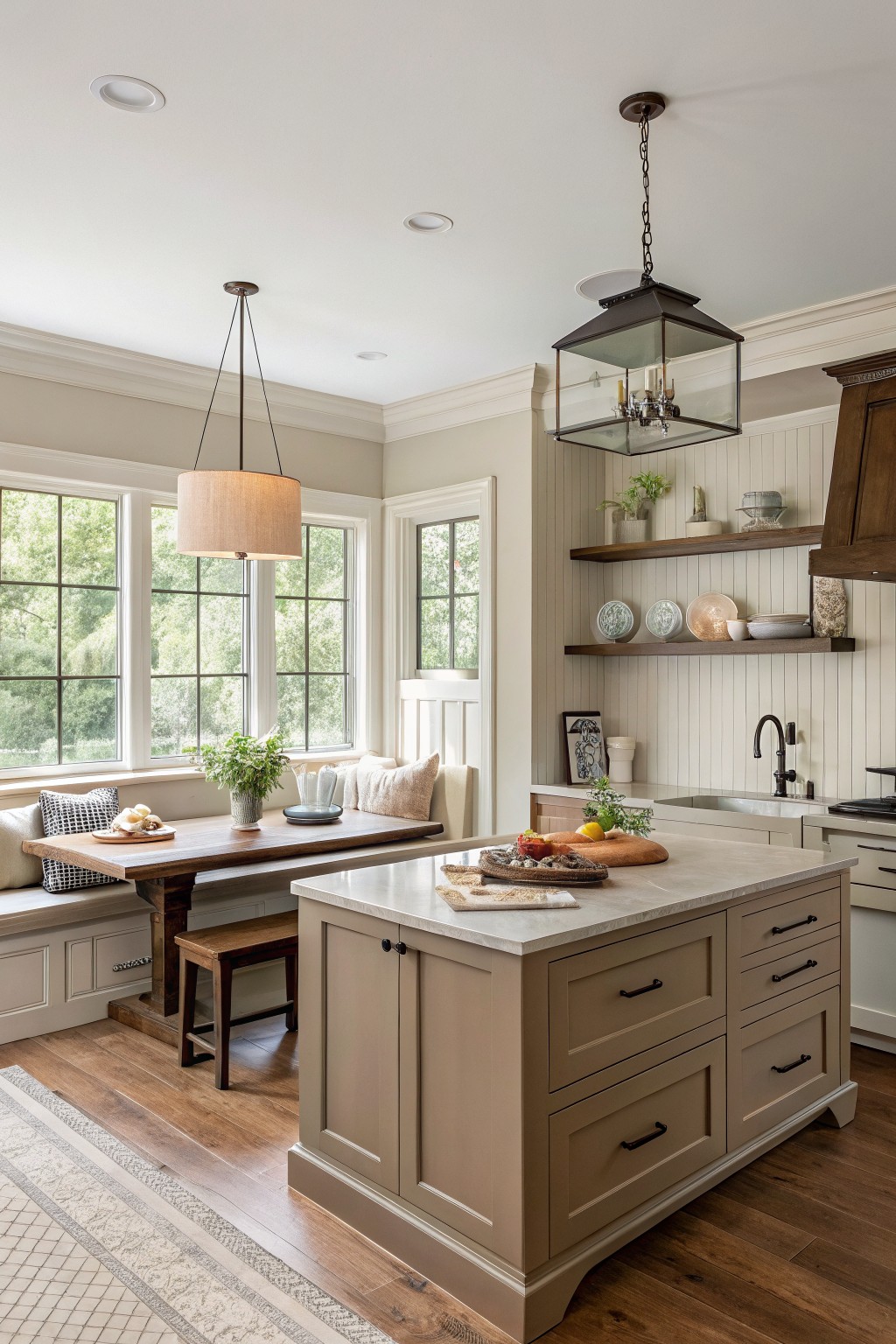 A kitchen island painted in warm greige with a marble top and wood floors nearby.