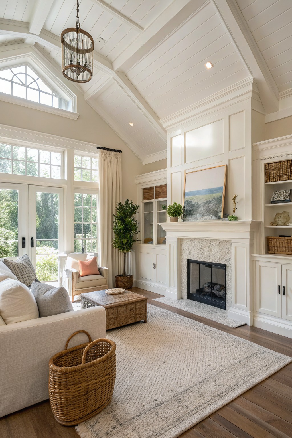 A living room with warm off-white walls and white built-in cabinetry around the fireplace.