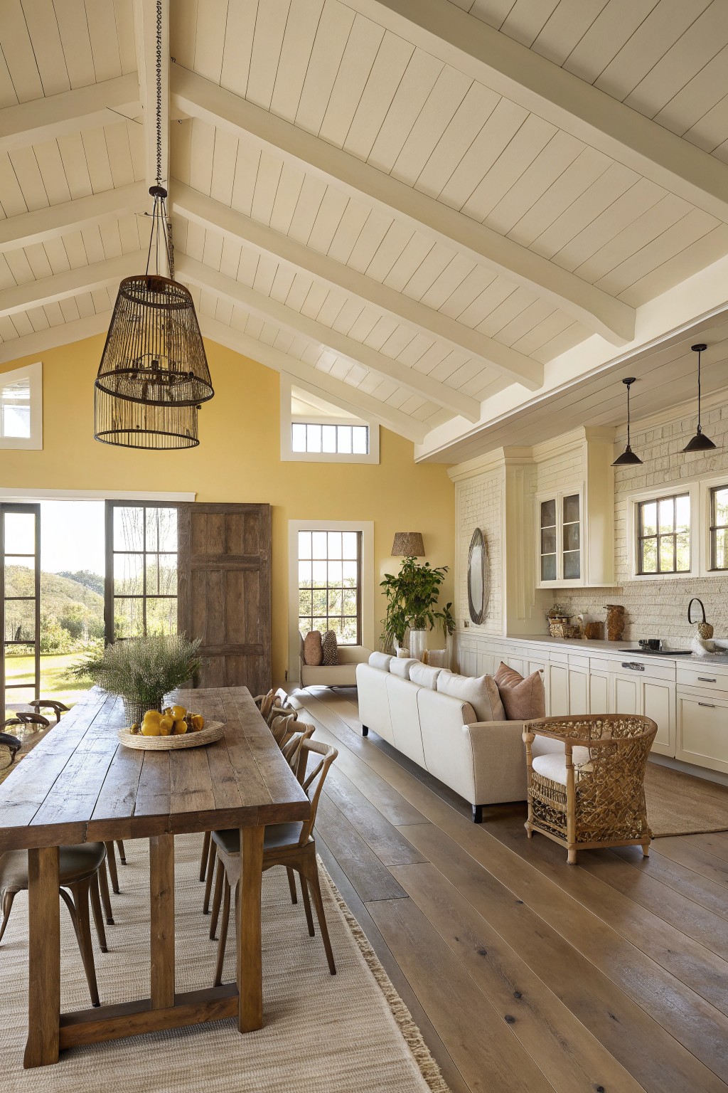 Rustic open-plan interior with wooden dining table, white sofa, and kitchen