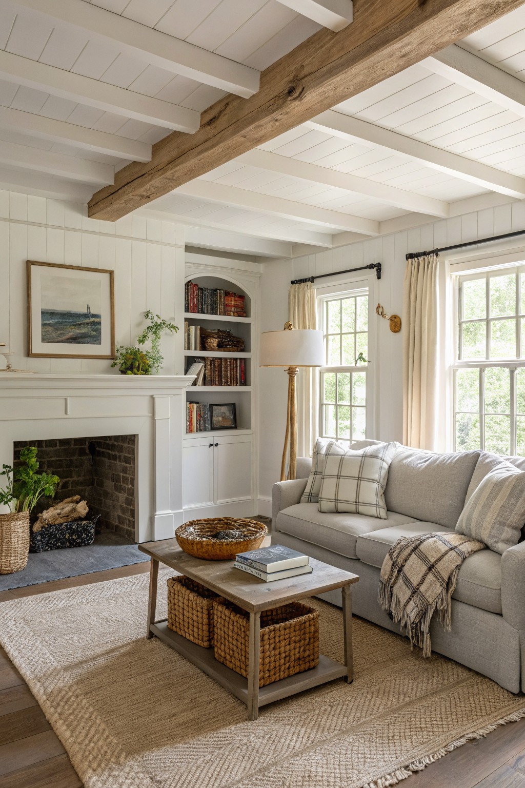 White walls and trim in a living room with wood ceiling beams.