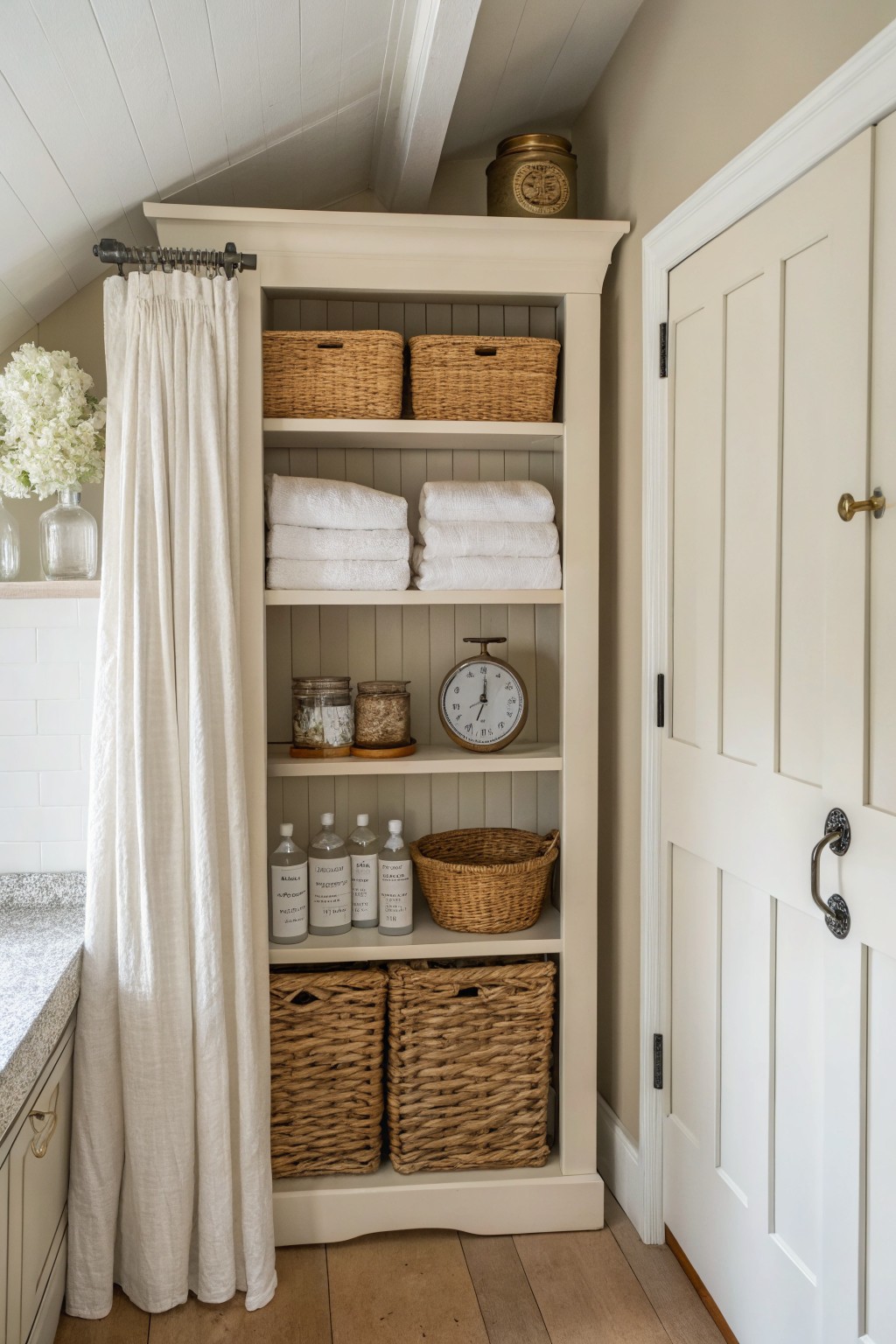 White built-in shelves with baskets, towels, jars, clock beside door and curtain.