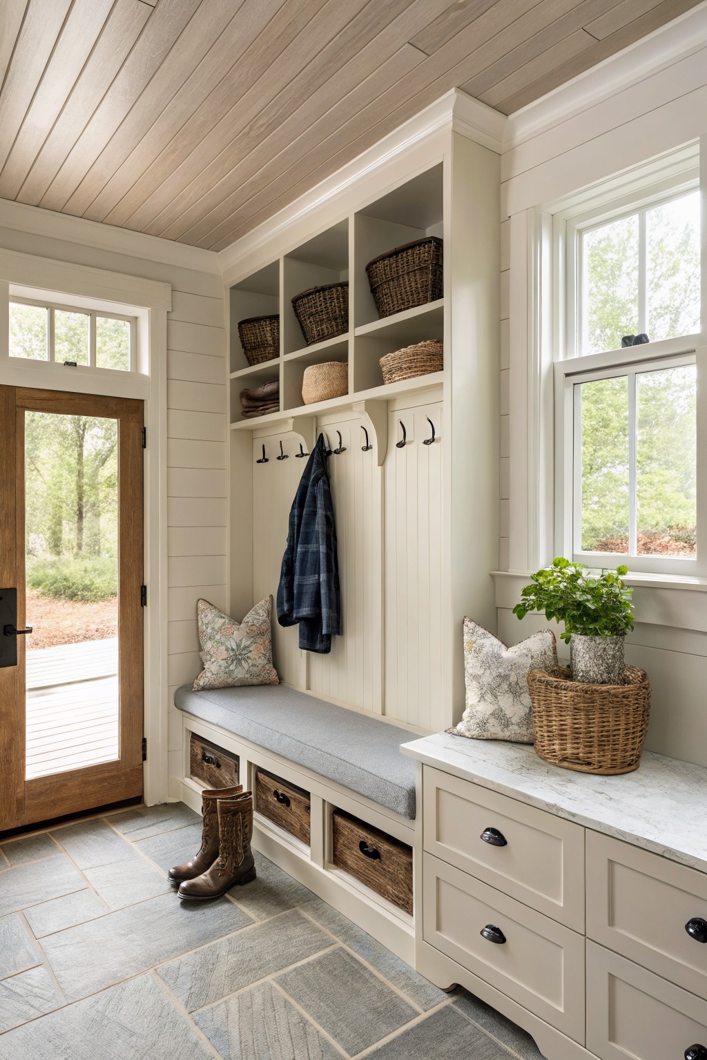A mudroom featuring creamy white built-in cabinets and a bench.