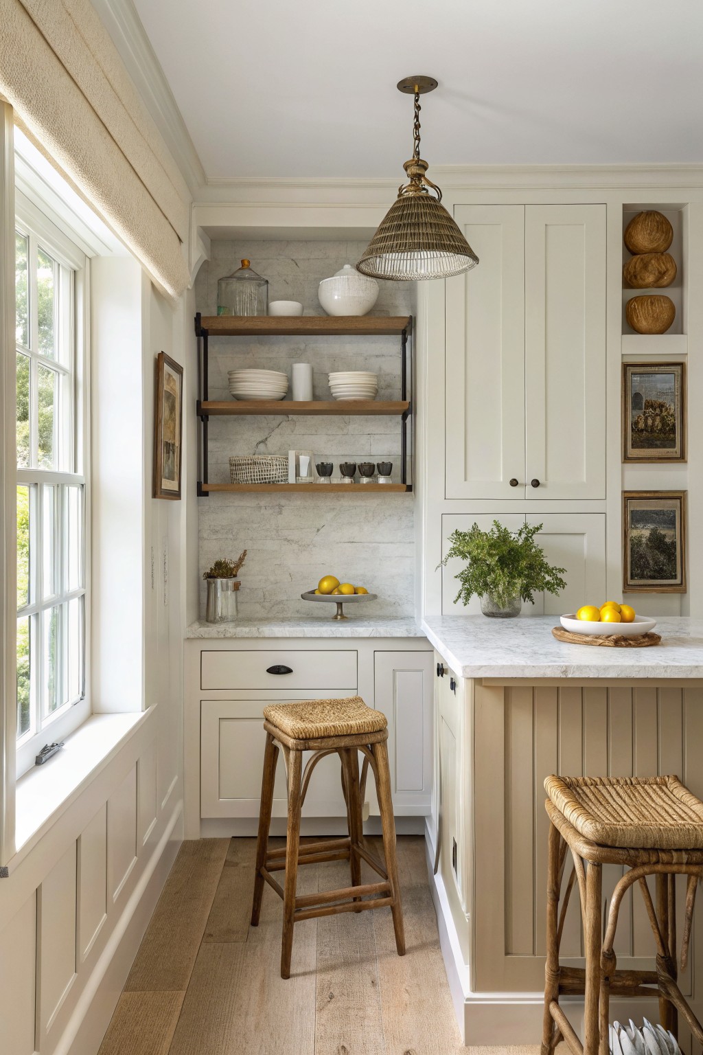 Warm white kitchen cabinets with open wood shelves and a marble countertop.