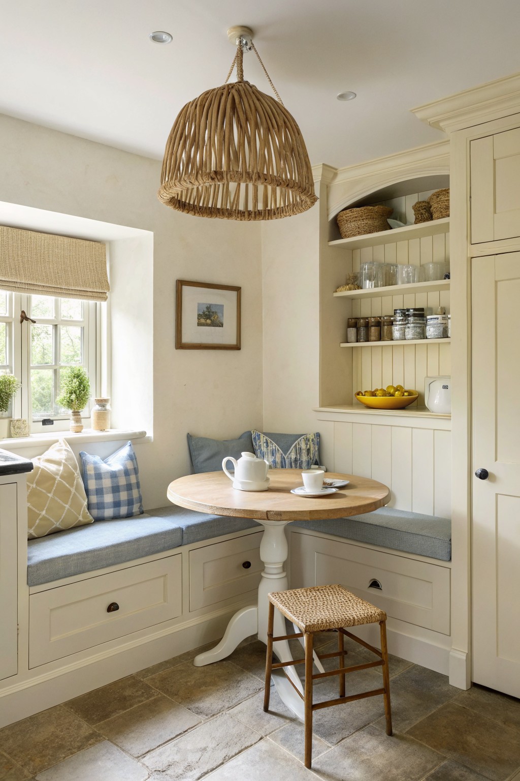 A small breakfast nook with creamy white walls and built in bench seating.