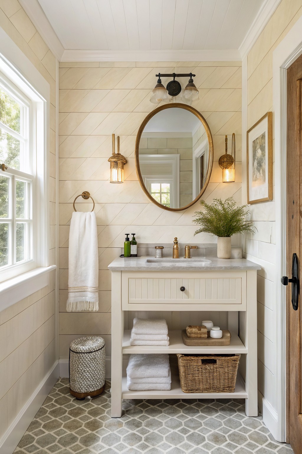 Bathroom walls painted in a soft creamy white with herringbone tile.