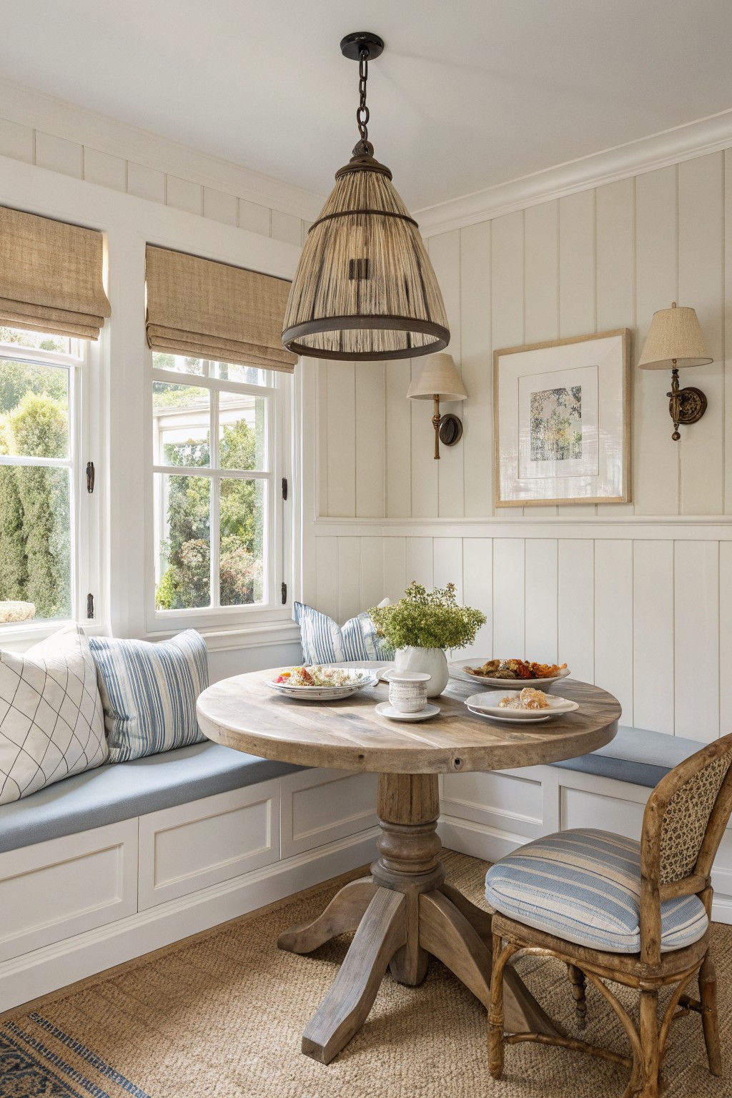 A small farmhouse nook with warm off-white walls and built-in bench seating.