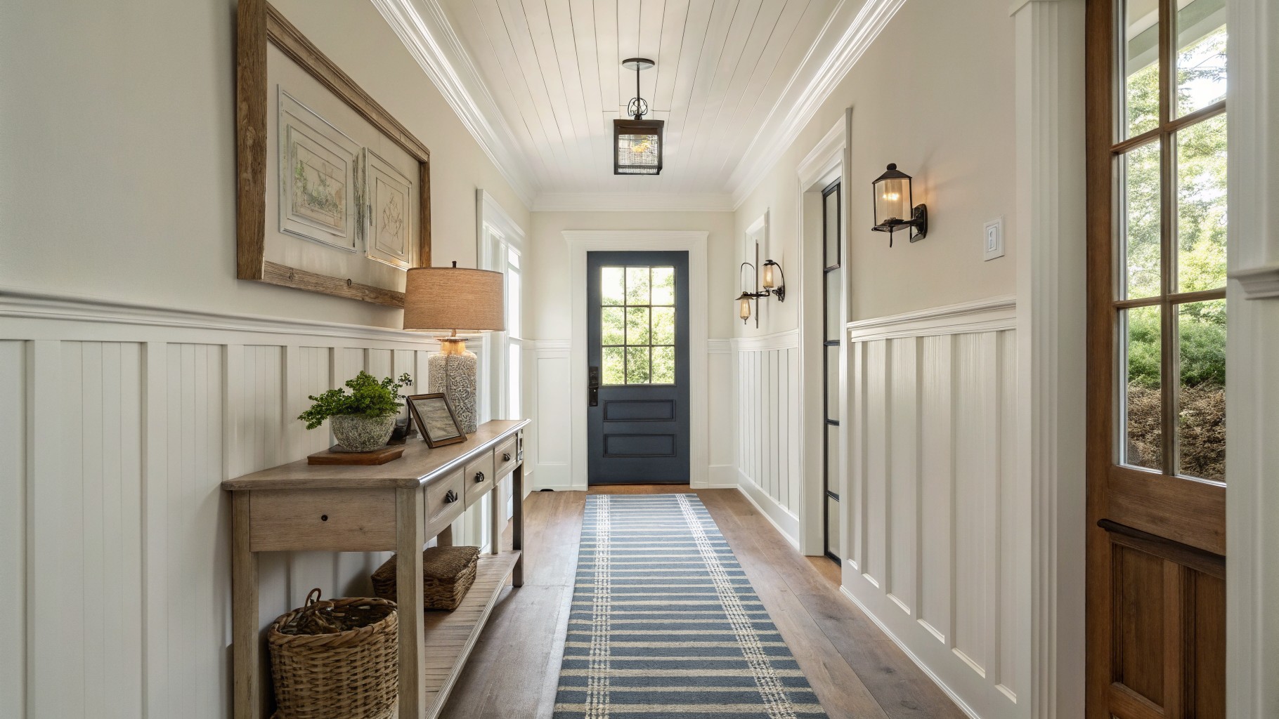 A narrow hallway with walls painted in a soft creamy white.