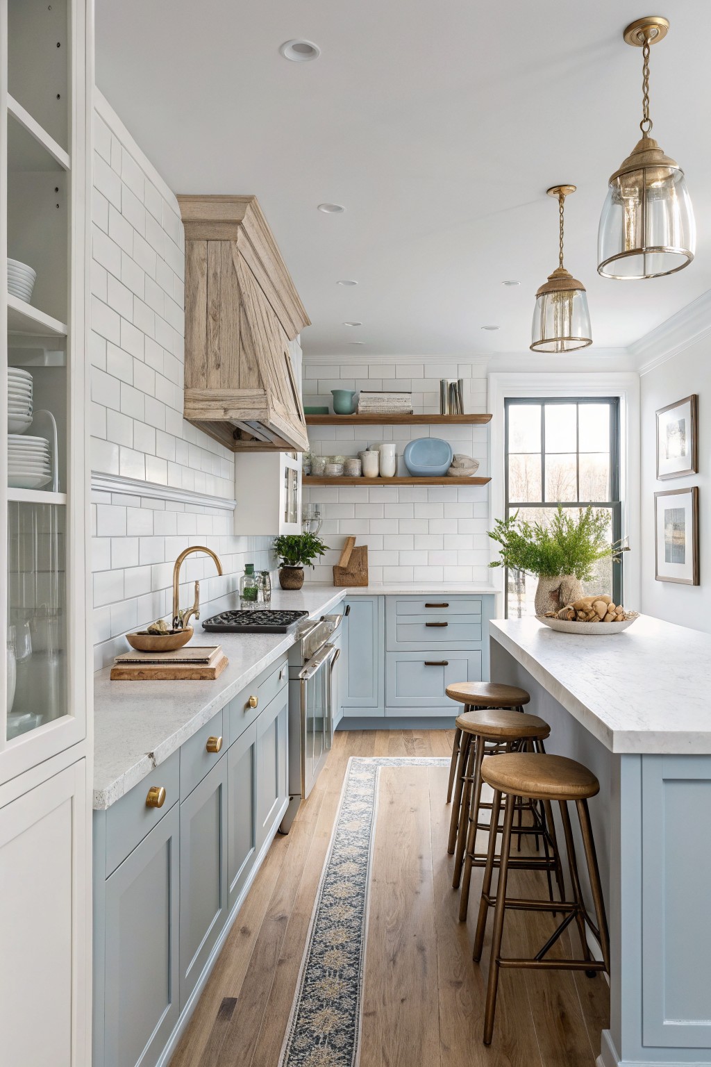 Kitchen with soft blue gray cabinets and white tile backsplash.