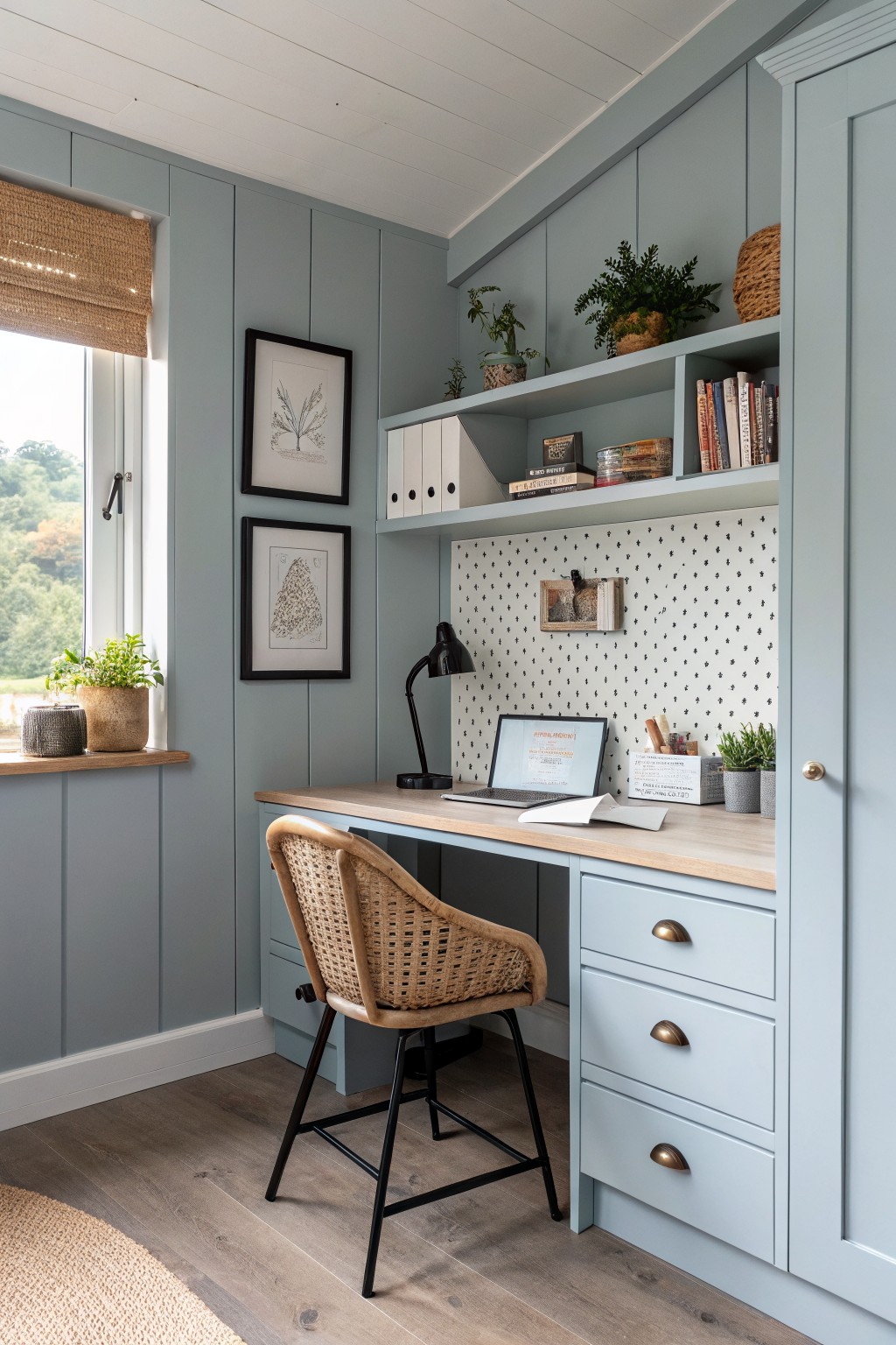 Soft blue gray walls in a small home office with built-in desk and shelves.