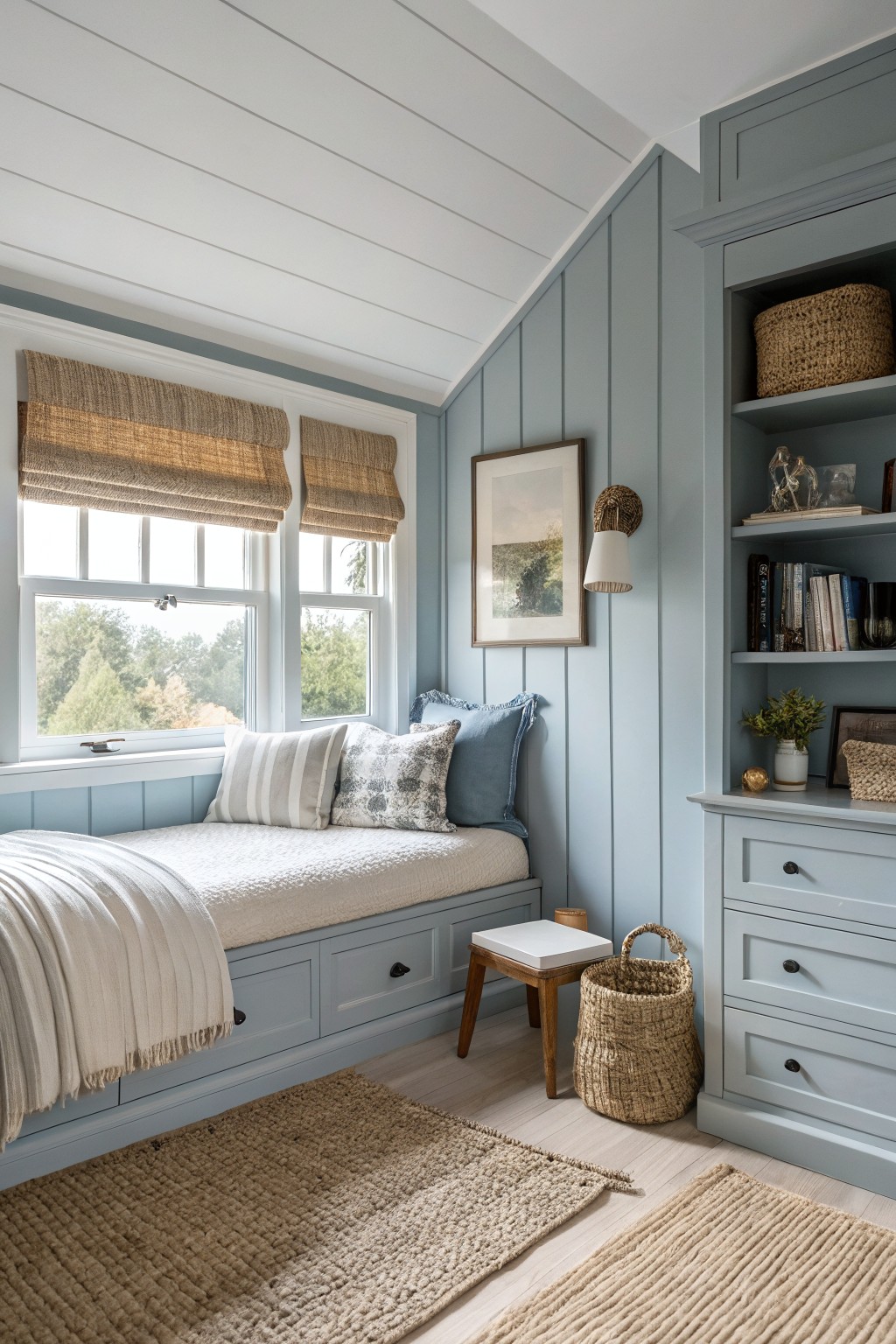 Cozy blue daybed nook with windows, built-in shelves, woven rugs, and baskets.