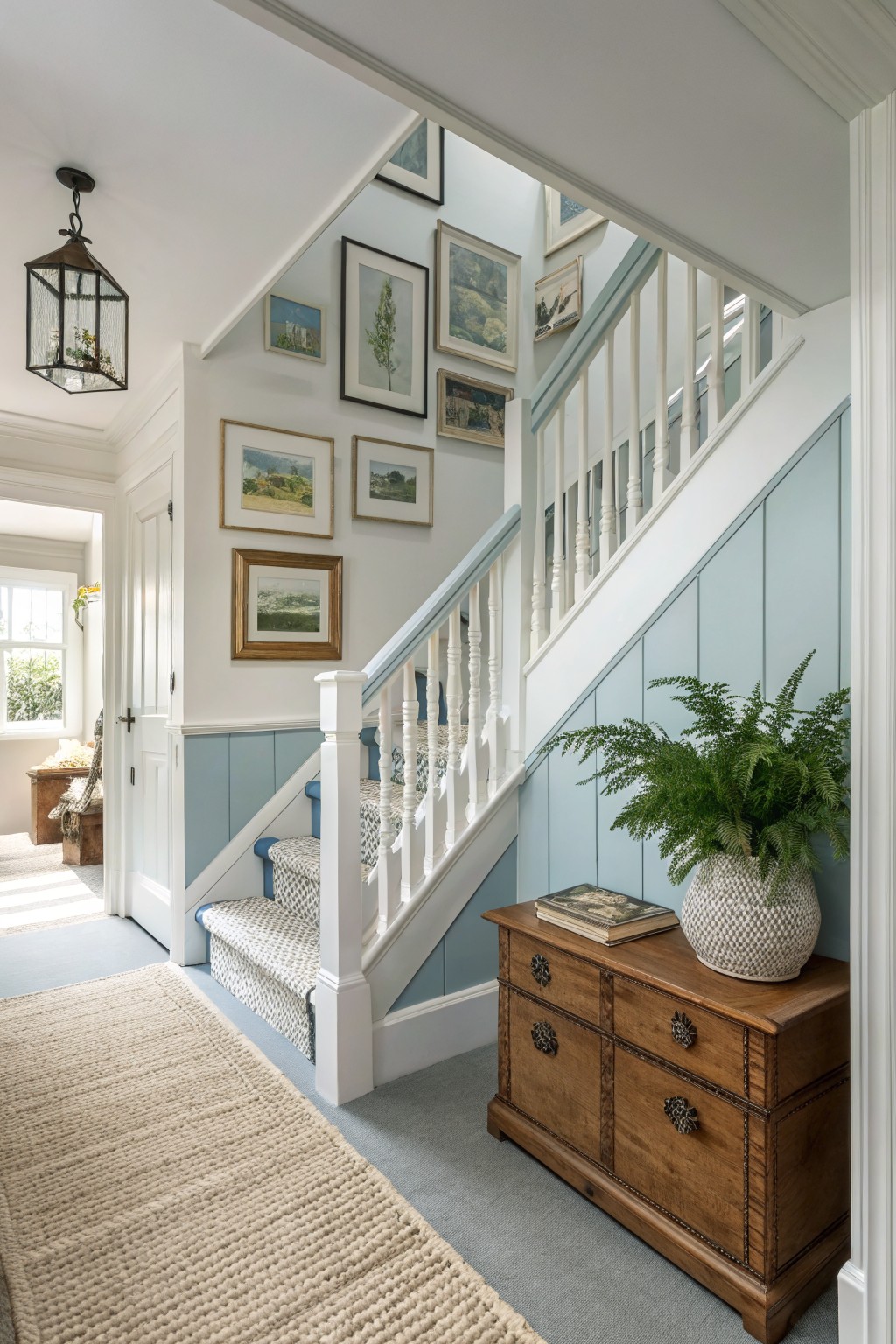 Light blue paneling on the lower walls of a narrow staircase with white trim above.