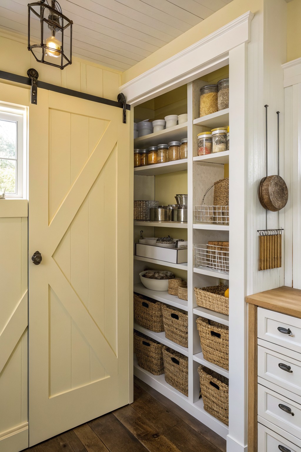 A soft yellow sliding door stands open to reveal white pantry shelves.